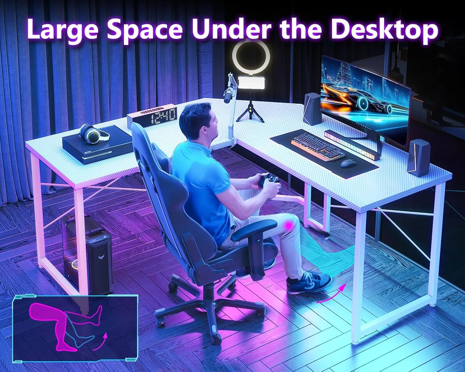Casaottima L Shaped Gaming Desk, Corner Desk Gaming Table for Home Office, Computer Desk Sturdy Writing Workstation for Small Space, Easy to Assemble, 51 inch, Carbon Fiber Surface, Pure White