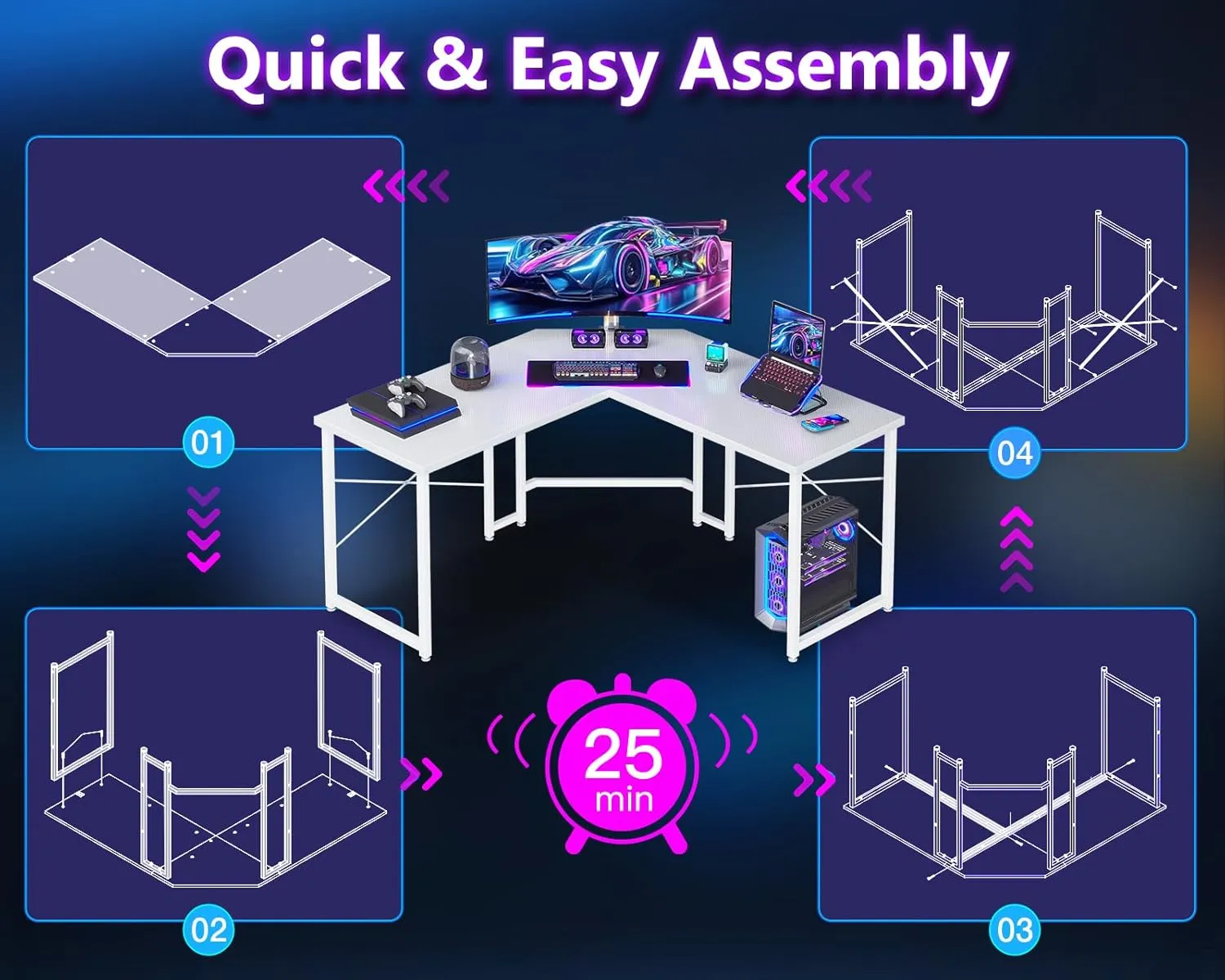 Casaottima L Shaped Gaming Desk, Corner Desk Gaming Table for Home Office, Computer Desk Sturdy Writing Workstation for Small Space, Easy to Assemble, 51 inch, Carbon Fiber Surface, Pure White