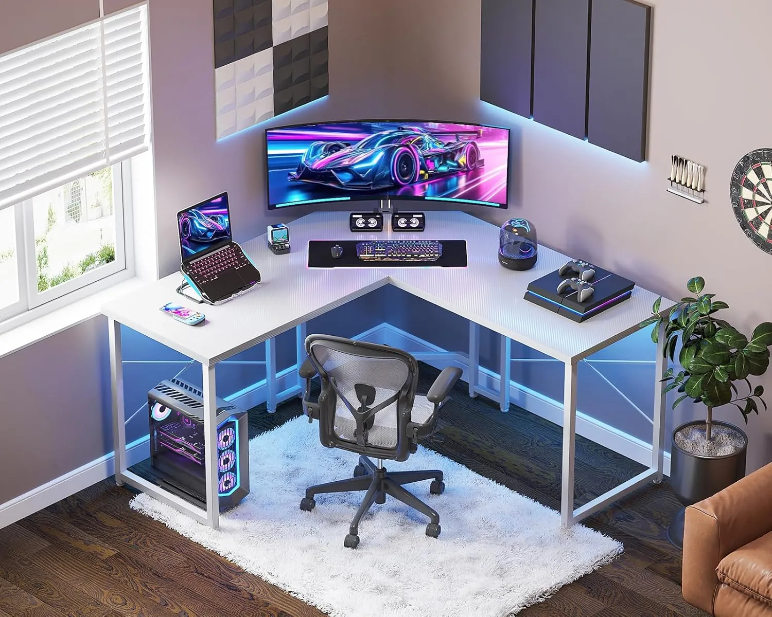 Casaottima L Shaped Gaming Desk, Corner Desk Gaming Table for Home Office, Computer Desk Sturdy Writing Workstation for Small Space, Easy to Assemble, 51 inch, Carbon Fiber Surface, Pure White