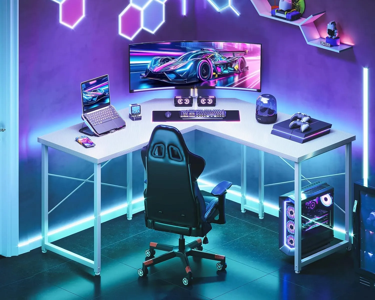 Casaottima L Shaped Gaming Desk, Corner Desk Gaming Table for Home Office, Computer Desk Sturdy Writing Workstation for Small Space, Easy to Assemble, 51 inch, Carbon Fiber Surface, Pure White