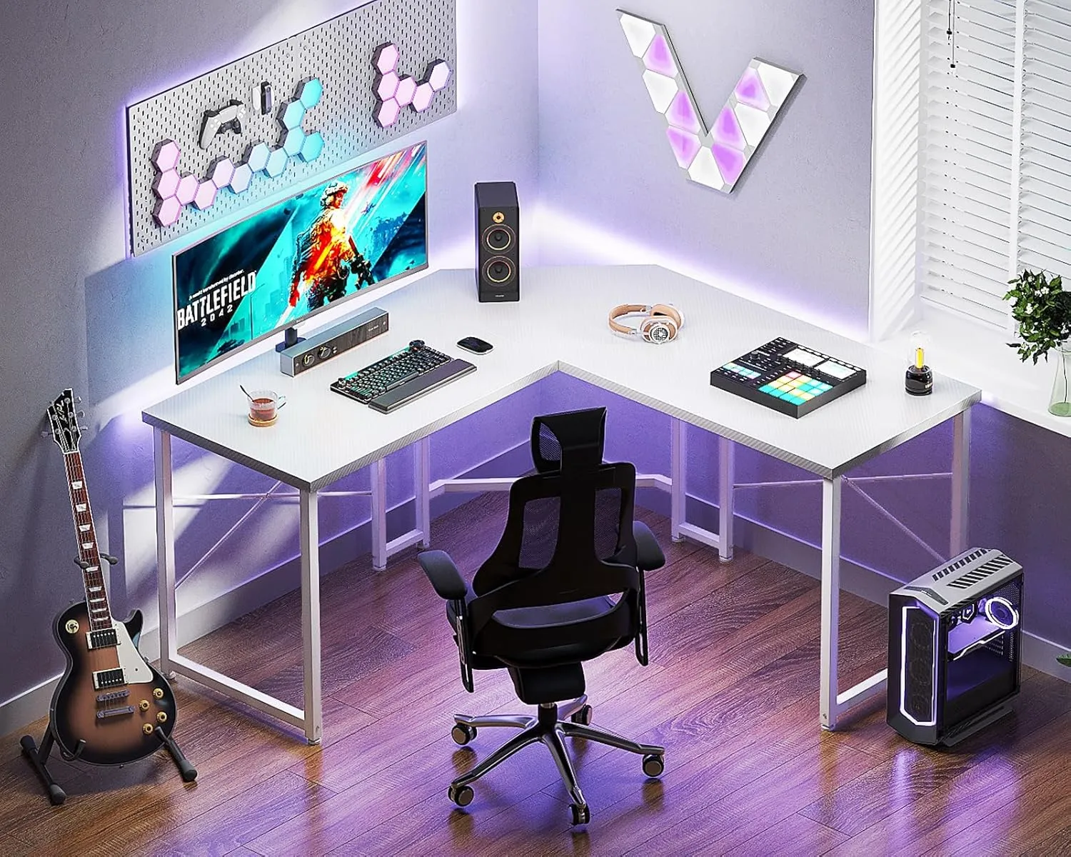Casaottima L Shaped Gaming Desk, Corner Desk Gaming Table for Home Office, Computer Desk Sturdy Writing Workstation for Small Space, Easy to Assemble, 51 inch, Carbon Fiber Surface, White