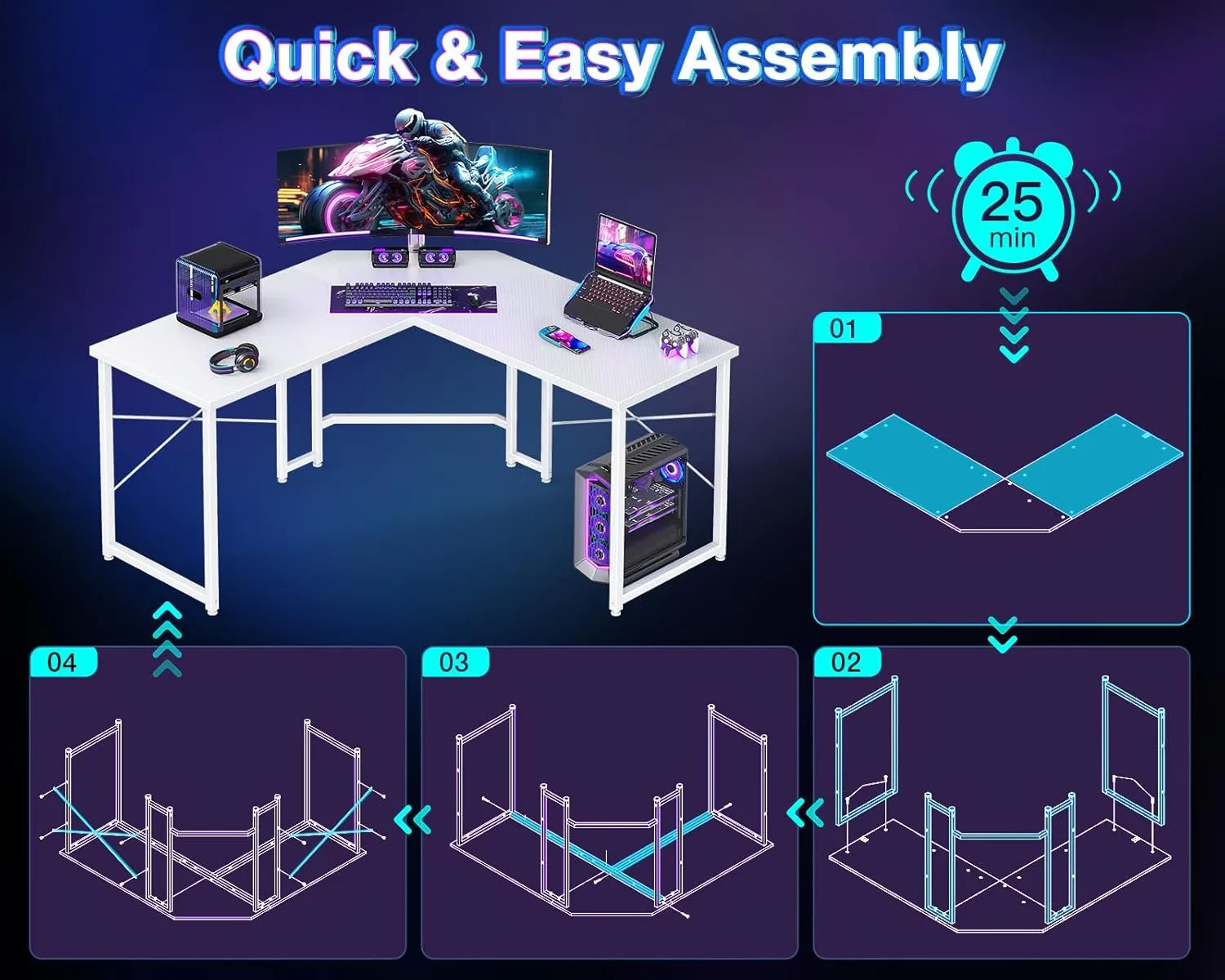 Casaottima L Shaped Gaming Desk, Corner Desk Gaming Table for Home Office, Computer Desk Sturdy Writing Workstation for Small Space, Easy to Assemble, 51 inch, Carbon Fiber Surface, White