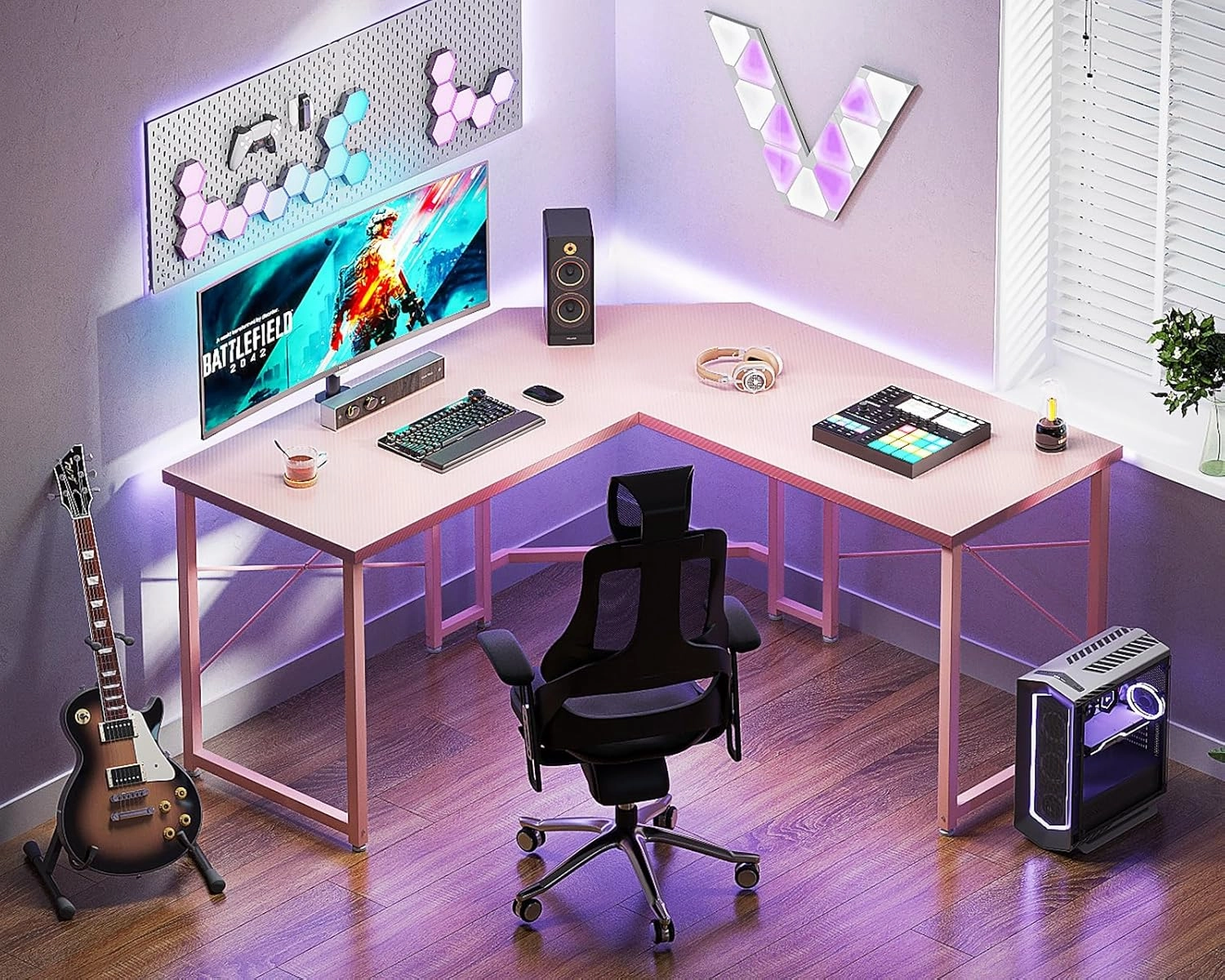 Casaottima L Shaped Gaming Desk, Corner Desk Gaming Table for Home Office, Computer Desk Sturdy Writing Workstation for Small Space, Easy to Assemble, 51 inch, Carbon Fiber Surface, Pink