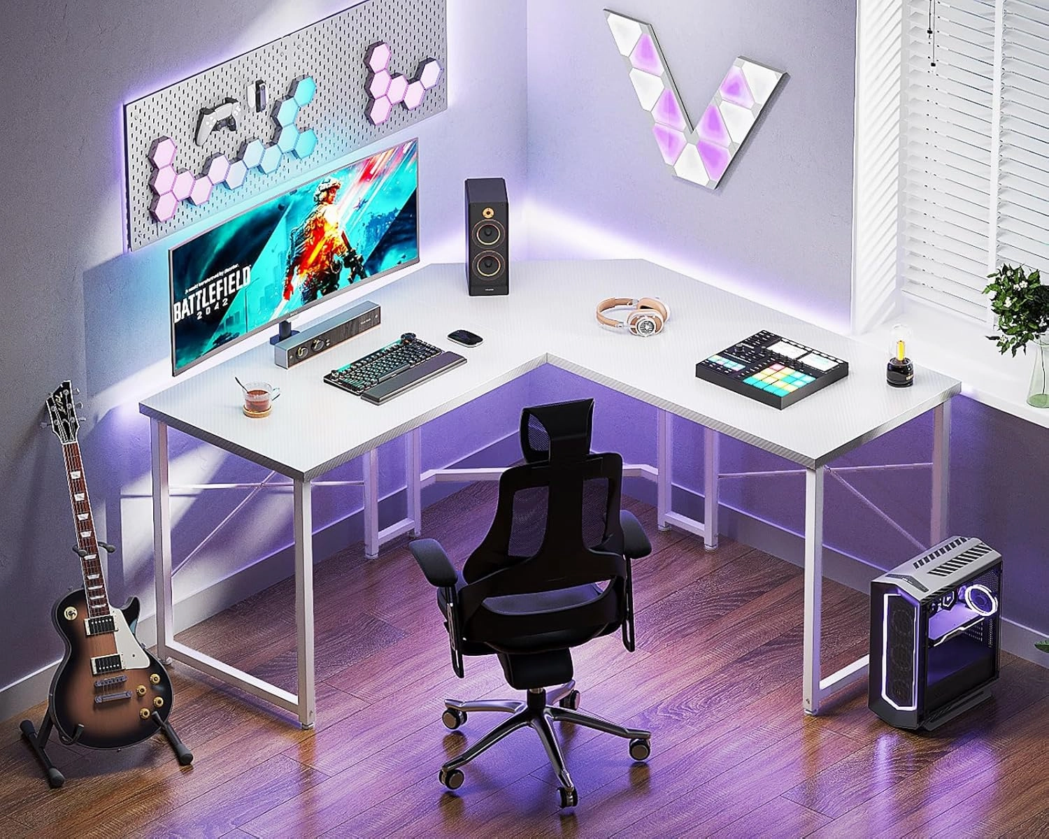 Casaottima L Shaped Gaming Desk, Corner Desk Gaming Table for Home Office, Computer Desk Sturdy Writing Workstation for Small Space, Easy to Assemble, 51 inch, Carbon Fiber Surface, White