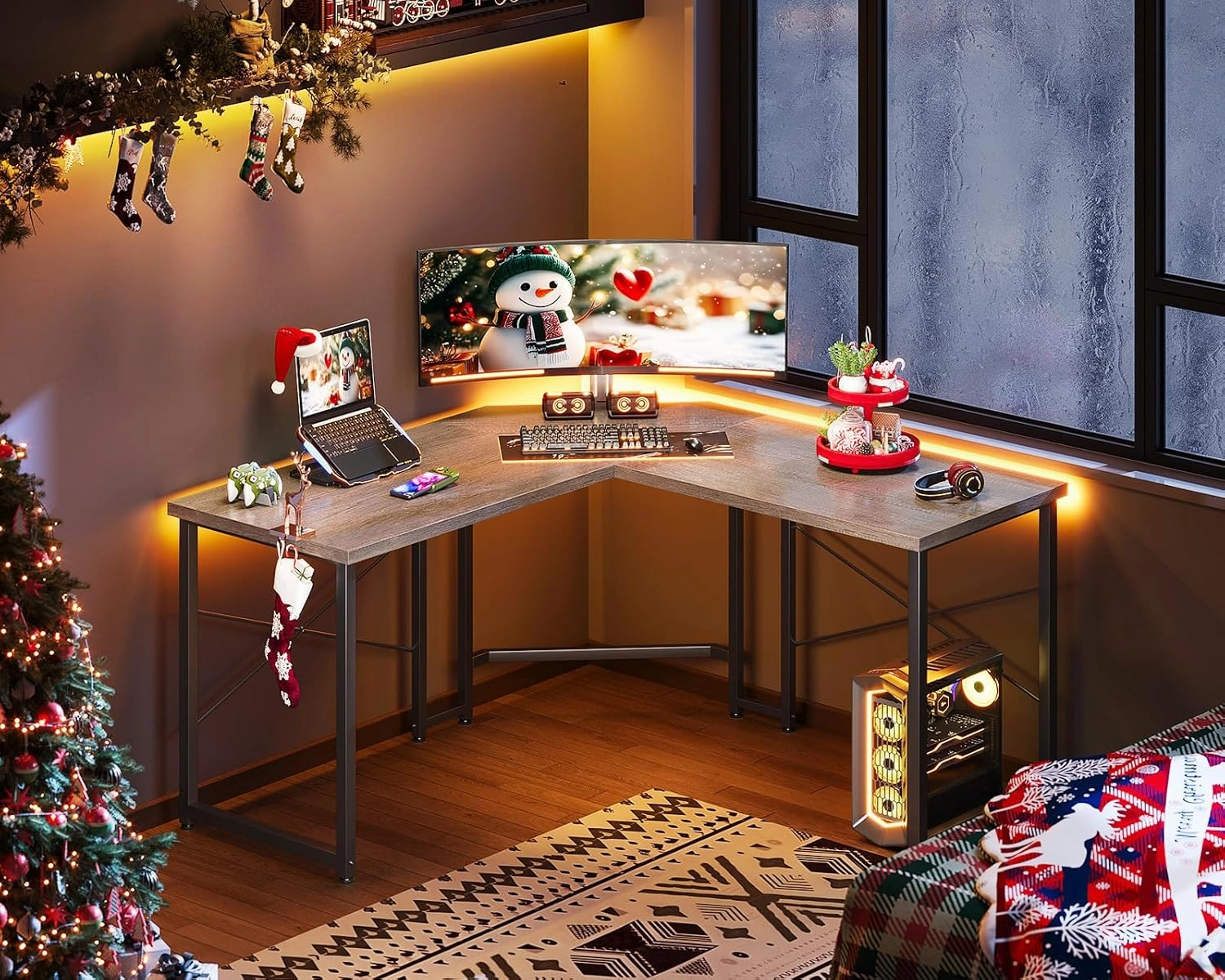 Casaottima L Shaped Gaming Desk, Corner Desk Gaming Table for Home Office, Computer Desk Sturdy Writing Workstation for Small Space, Easy to Assemble, 51 inch, Grey Oak