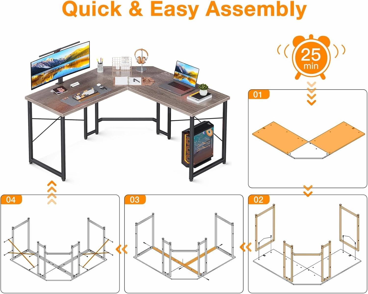 Casaottima L Shaped Gaming Desk, Corner Desk Gaming Table for Home Office, Computer Desk Sturdy Writing Workstation for Small Space, Easy to Assemble, 51 inch, Grey Oak