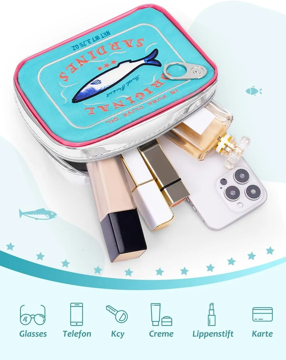 Cessfle Canned Sardines Makeup Bag, Funny Sardine Tin Fish Cosmetic Bag, Creative Cute Makeup Bag Kawaii Pencil Case Pouch, Coquette Make up Pouch for Women…, 6.1*4.3*4.5inch, Blue mix Pink