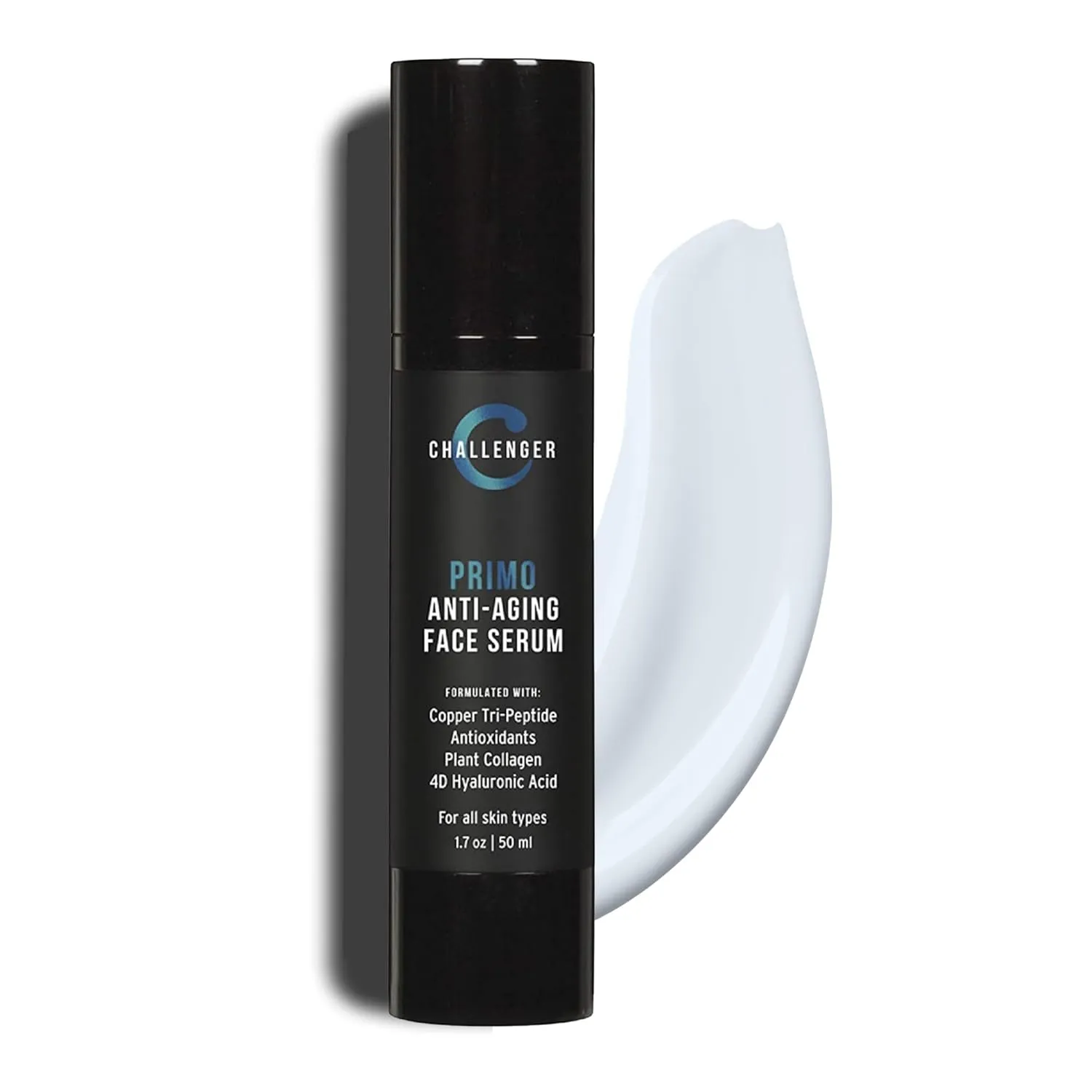 Challenger Primo Anti-Aging Face Serum Skin Care | Reduce Age Spots, Deep Wrinkles | Clean Dispensing Airless Pump | Premium Copper Tri-Peptide Formula w/ 4D Hyaluronic Acid | 1.7oz
