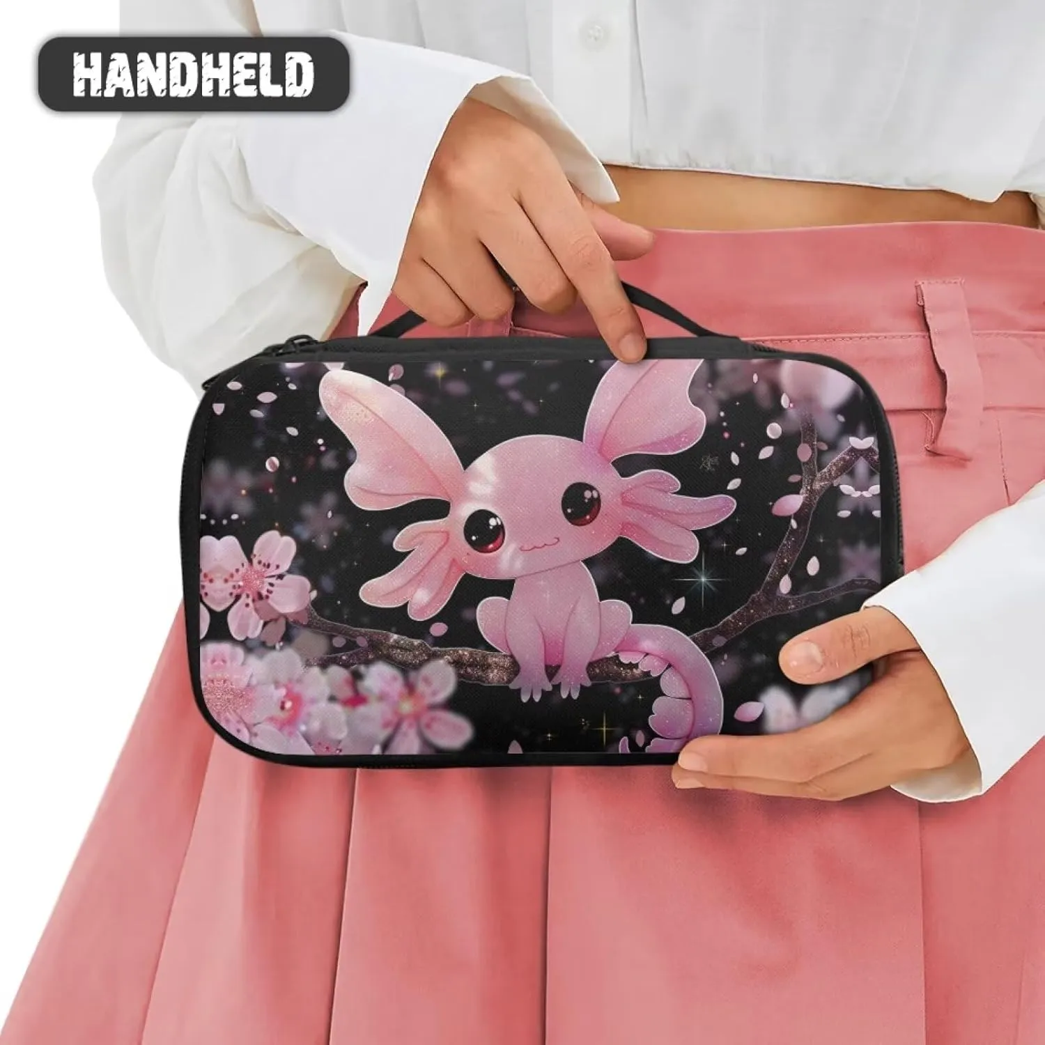 Cherry Blossom Axolotl Women Aesthetic Makeup Bag Makeup Organizer Bag Makeup Bag with Brush Compartment Cosmetic Train Case for Women Adults Fit for Suitcases and Easy To Carry