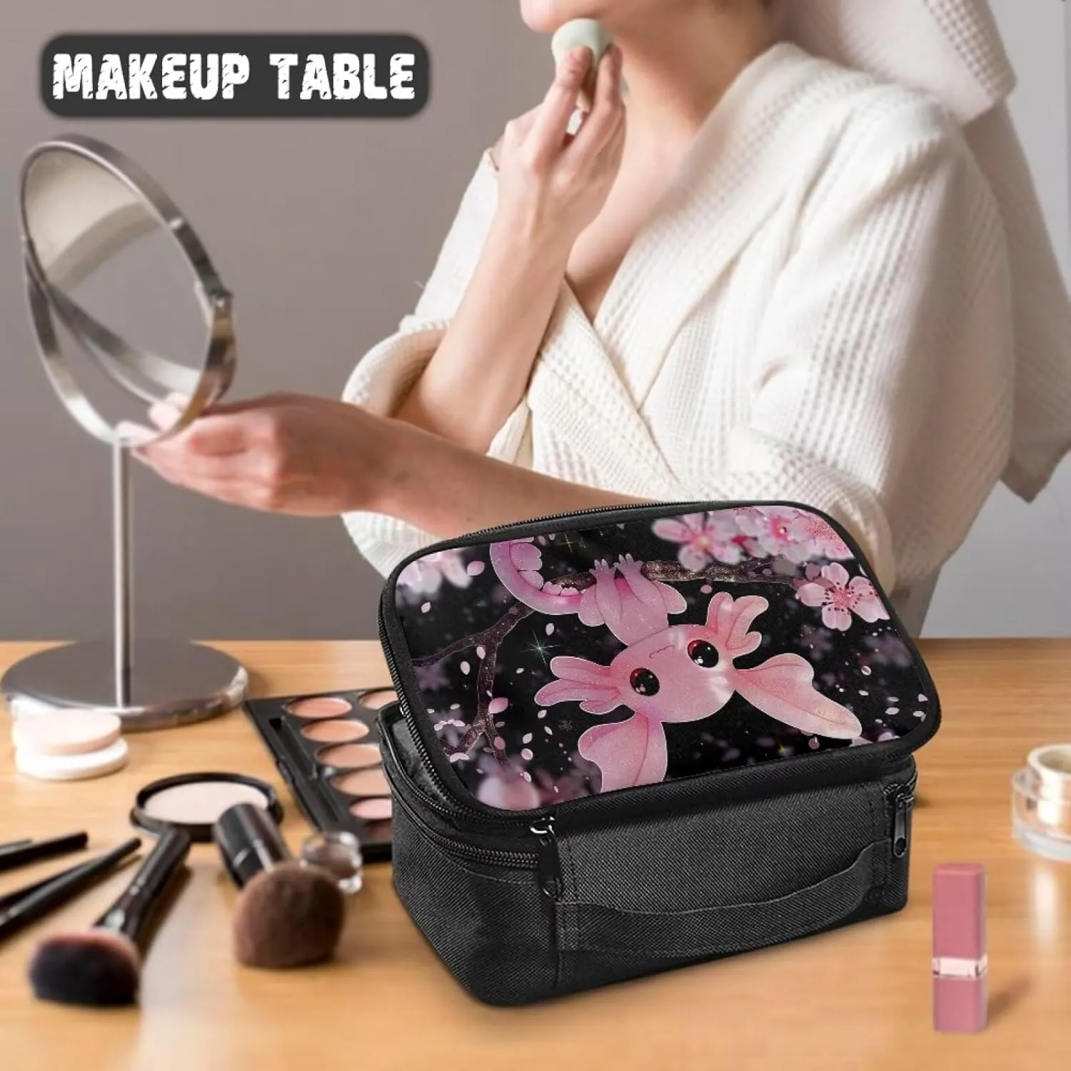 Cherry Blossom Axolotl Women Aesthetic Makeup Bag Makeup Organizer Bag Makeup Bag with Brush Compartment Cosmetic Train Case for Women Adults Fit for Suitcases and Easy To Carry