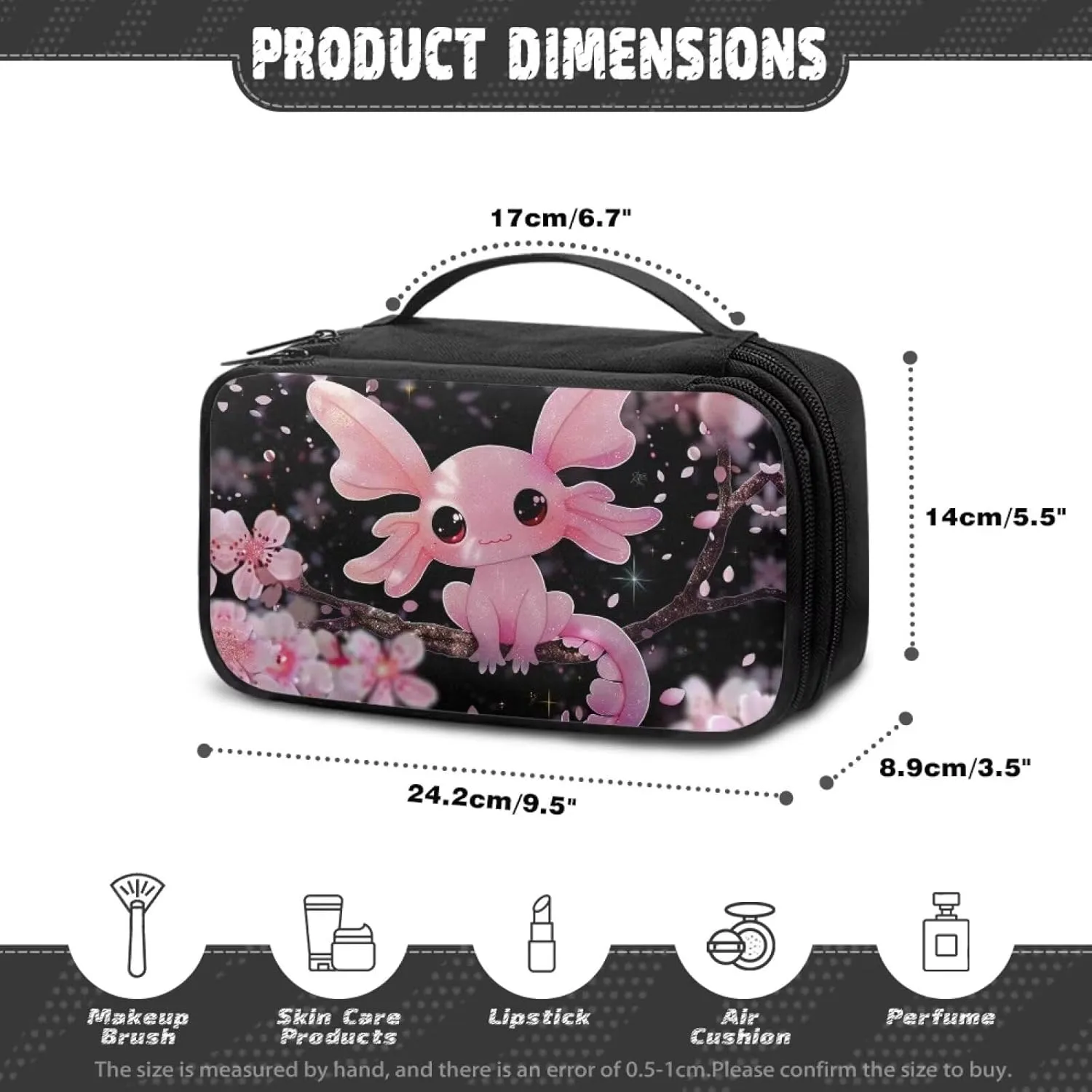 Cherry Blossom Axolotl Women Aesthetic Makeup Bag Makeup Organizer Bag Makeup Bag with Brush Compartment Cosmetic Train Case for Women Adults Fit for Suitcases and Easy To Carry