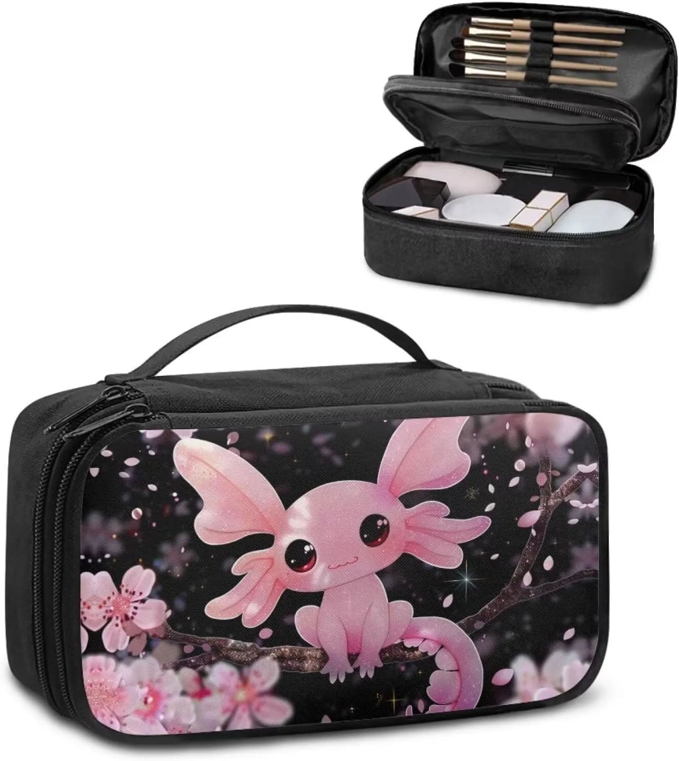 Cherry Blossom Axolotl Women Aesthetic Makeup Bag Makeup Organizer Bag Makeup Bag with Brush Compartment Cosmetic Train Case for Women Adults Fit for Suitcases and Easy To Carry
