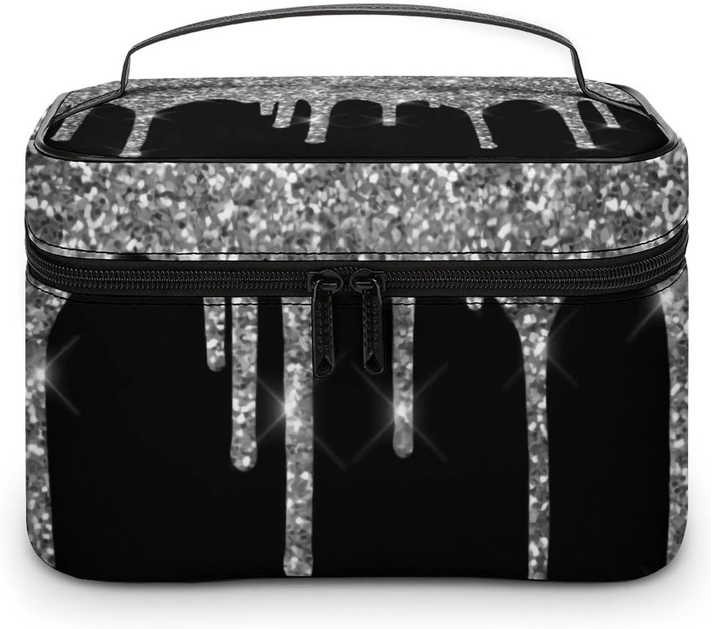 Chic Silver Glitter Drips Sparkle Black Fashionable Portable Makeup Bag, Travel Makeup Bag Storage,