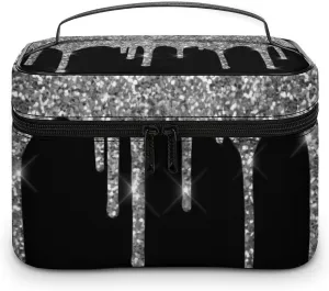 Chic Silver Glitter Drips Sparkle Black Fashionable Portable Makeup Bag, Travel Makeup Bag Storage,
