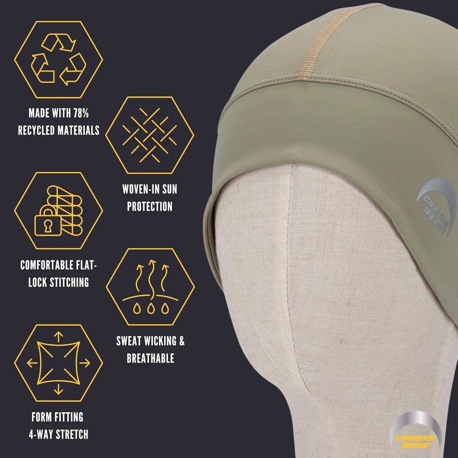 CHROME DOME UPF 50  Cooling Skull Cap–78% Recycled–Lightweight Premium Fit–Running–Cycling–Skiing–Certified Sun Protection