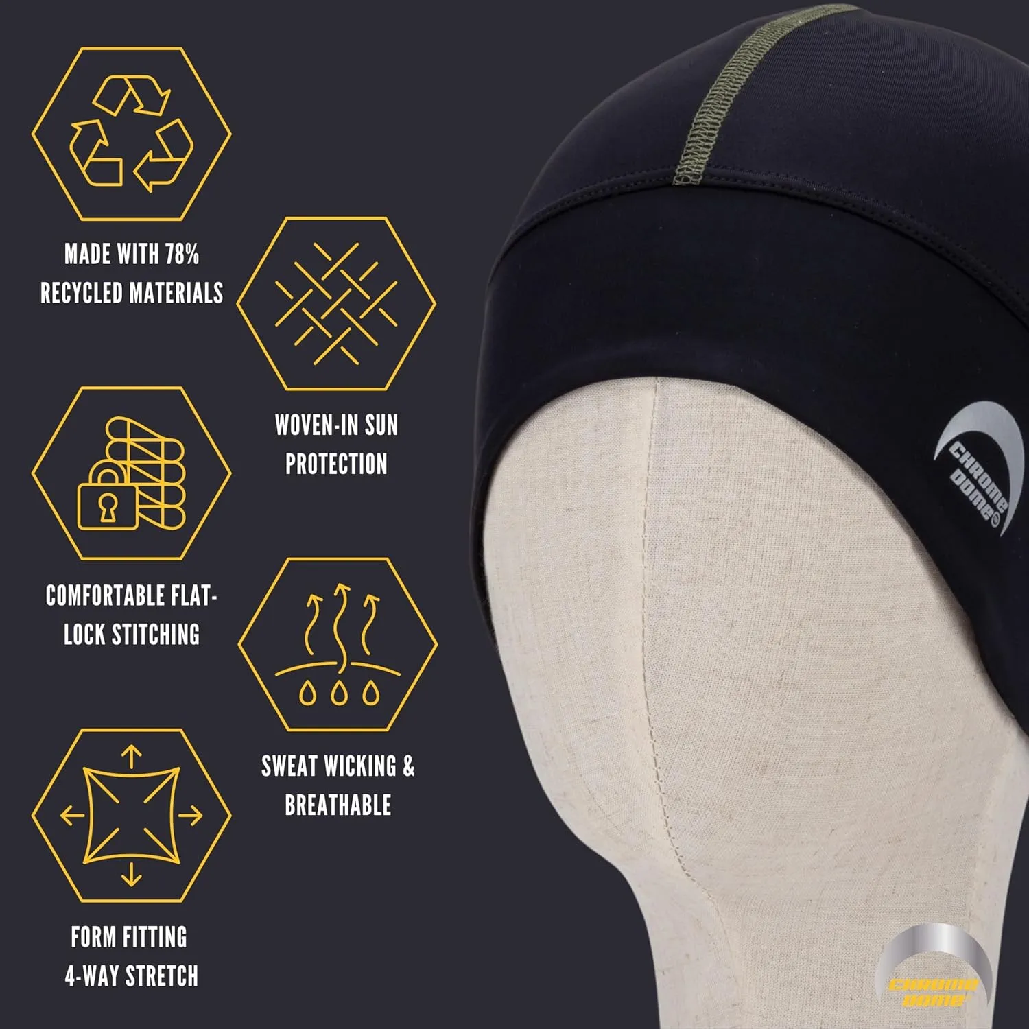 CHROME DOME UPF 50  Cooling Skull Cap–78% Recycled–Lightweight Premium Fit–Running–Cycling–Skiing–Certified Sun Protection
