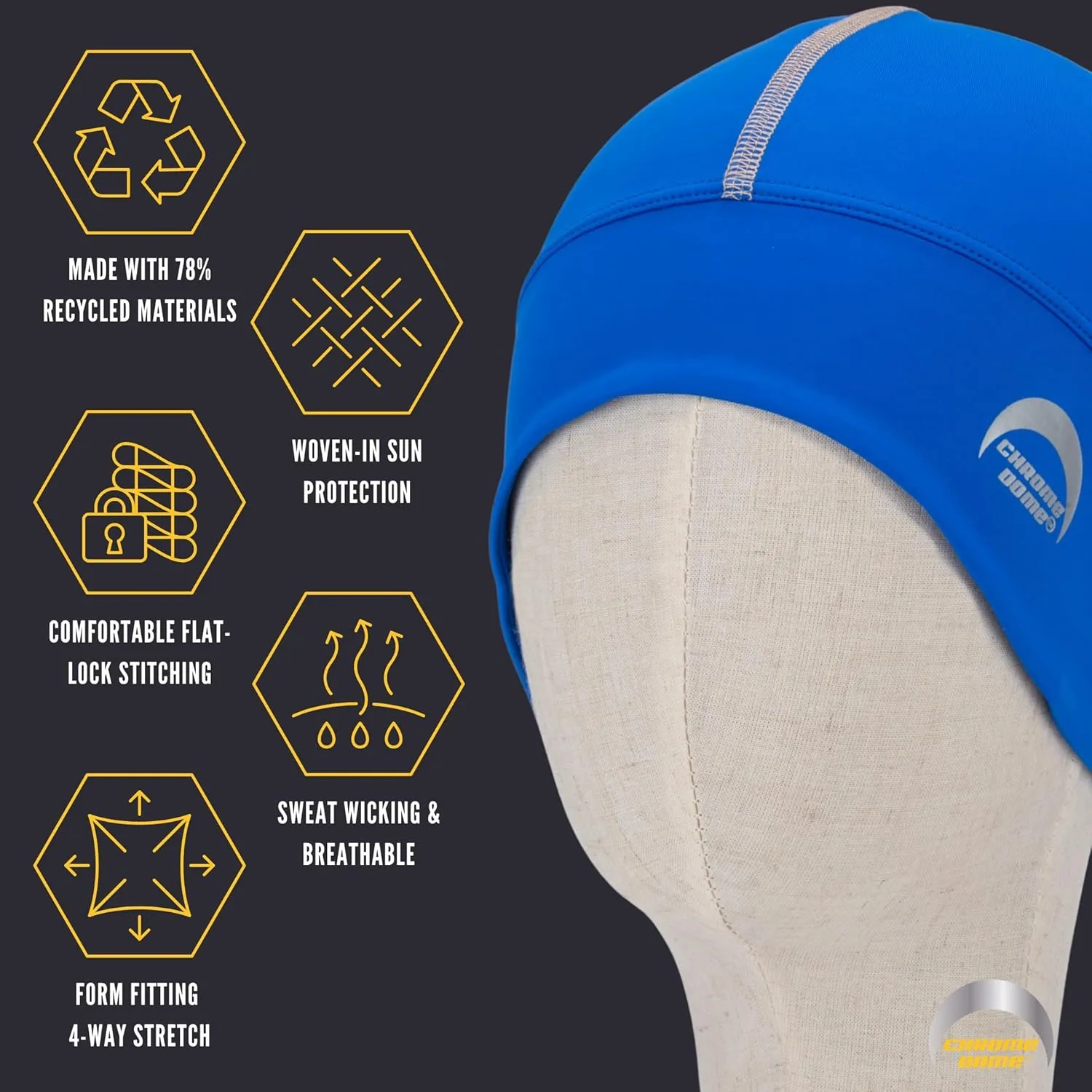 CHROME DOME UPF 50  Cooling Skull Cap–78% Recycled–Lightweight Premium Fit–Running–Cycling–Skiing–Certified Sun Protection