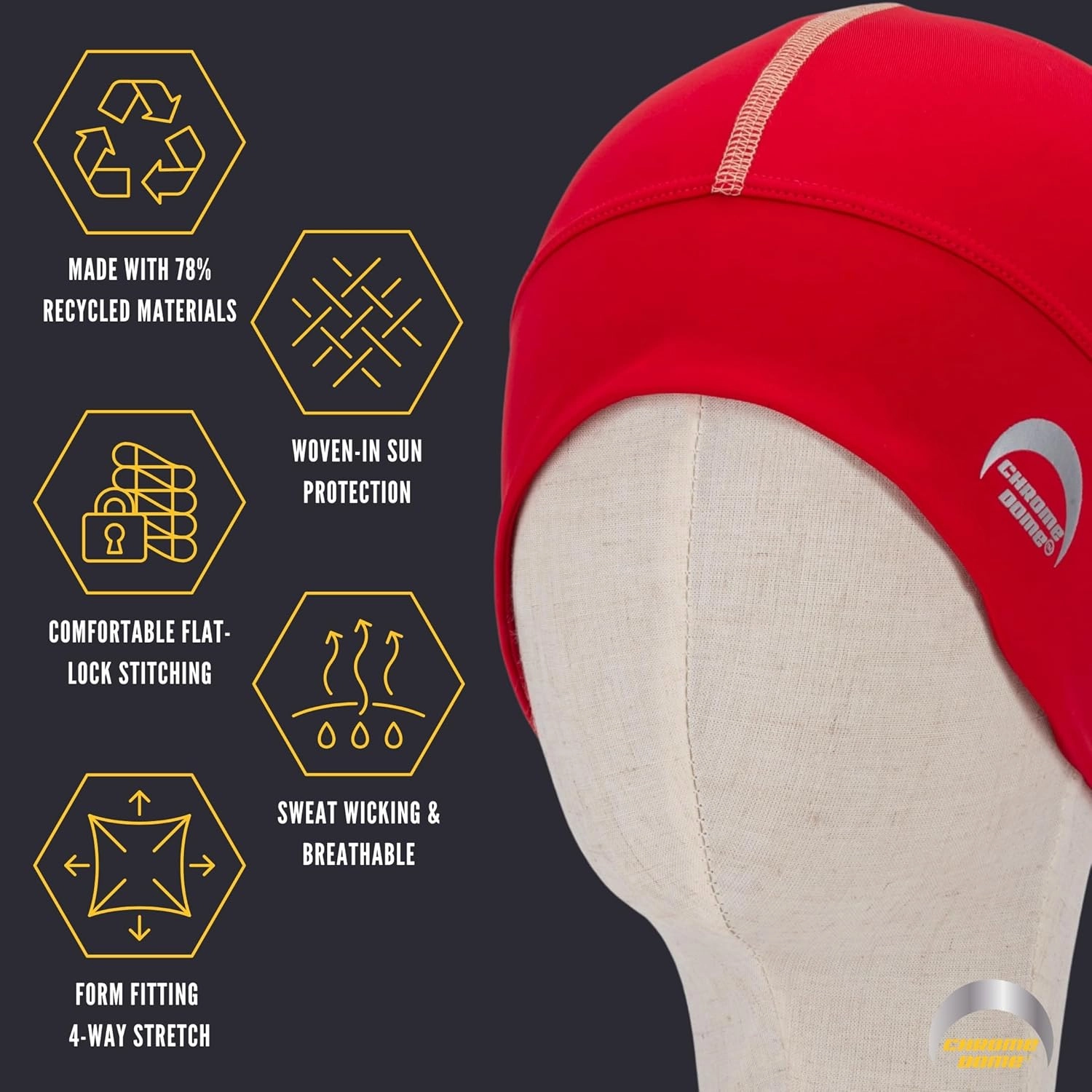 CHROME DOME UPF 50  Cooling Skull Cap–78% Recycled–Lightweight Premium Fit–Running–Cycling–Skiing–Certified Sun Protection