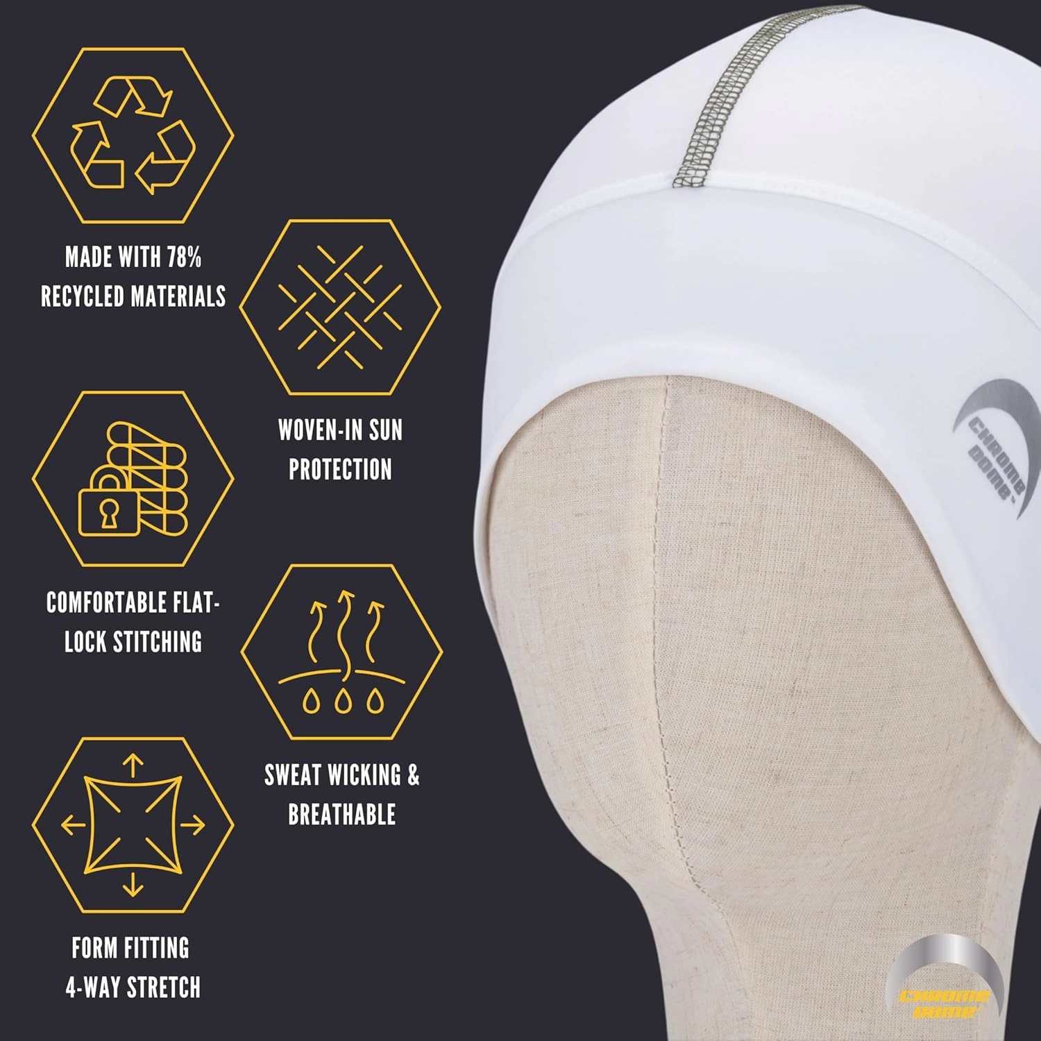 CHROME DOME UPF 50  Cooling Skull Cap–78% Recycled–Lightweight Premium Fit–Running–Cycling–Skiing–Certified Sun Protection