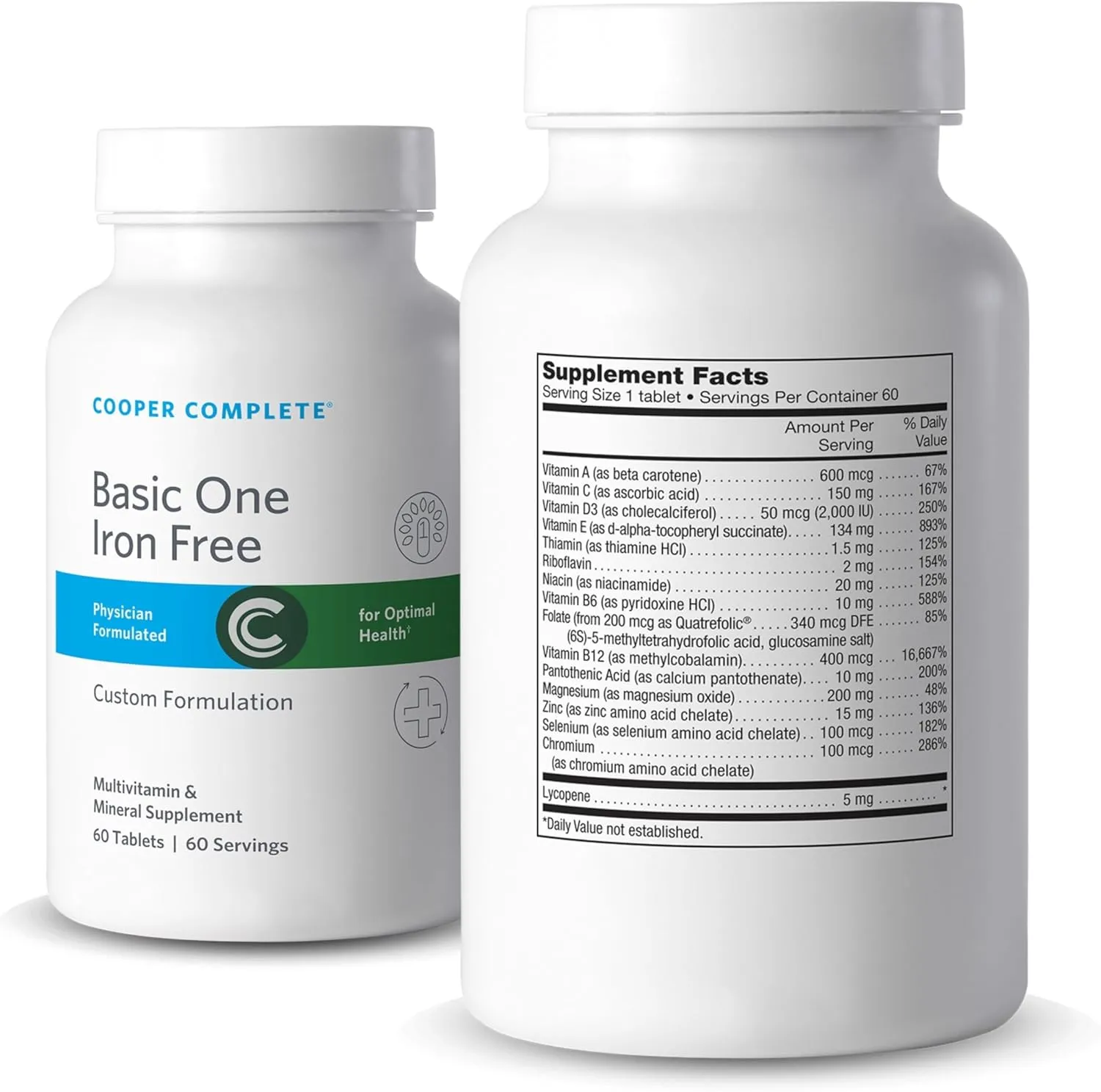 Cooper Complete - One a Day Complete Multivitamin Without Iron - Daily Multivitamin and Mineral Supplement - 60 Day Tablets per Bottle. Pack of 1
