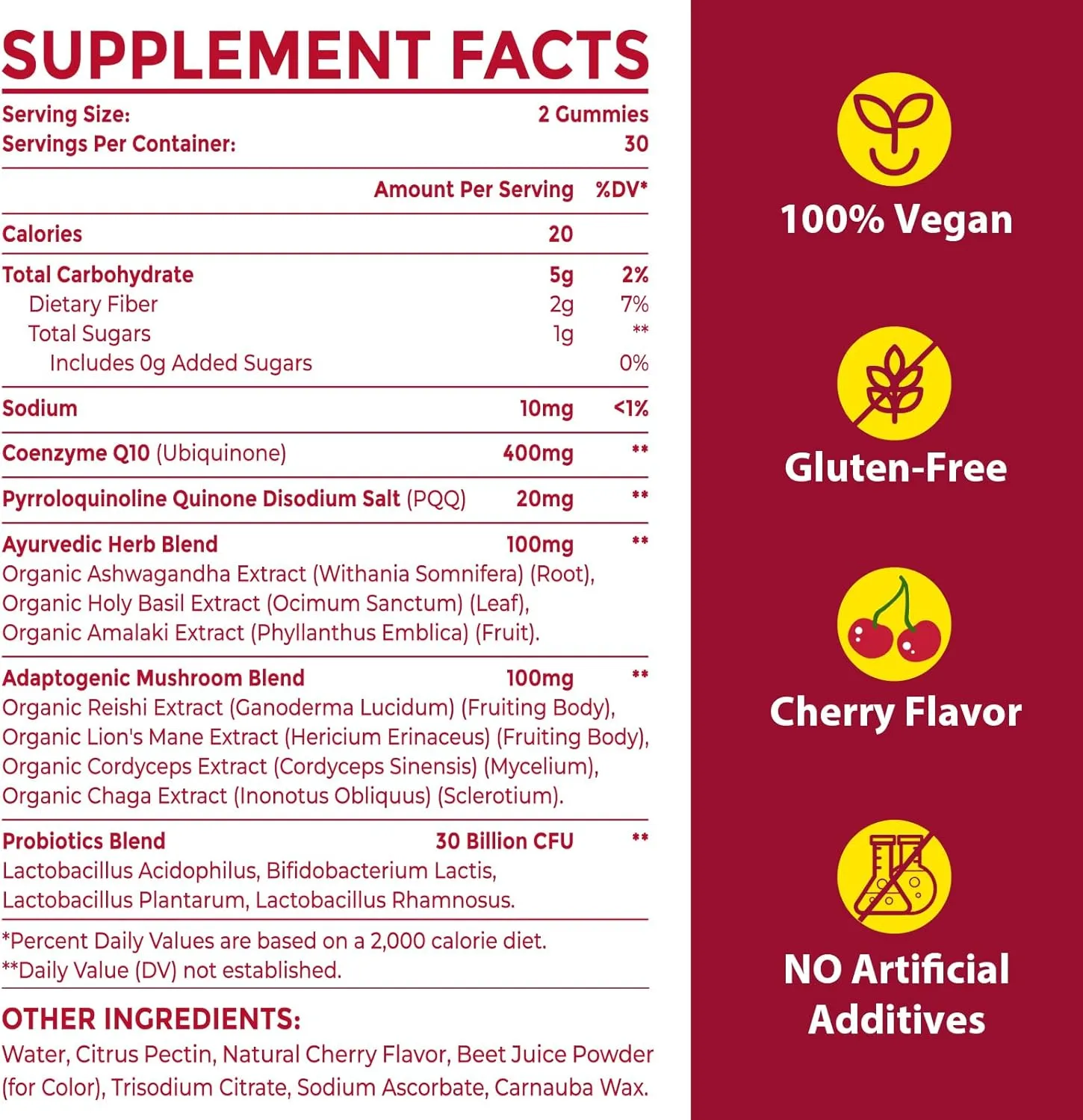 CoQ10 Gummies with PQQ - 400 MG Coenzyme Q10 High Potency, Enhanced with Ayurvedic Herbs, Adaptogenic Mushroom Blend & Probiotics for Heart, Brain, Energy, Immunity, Cherry Flavor, 120 Vegan Gummies