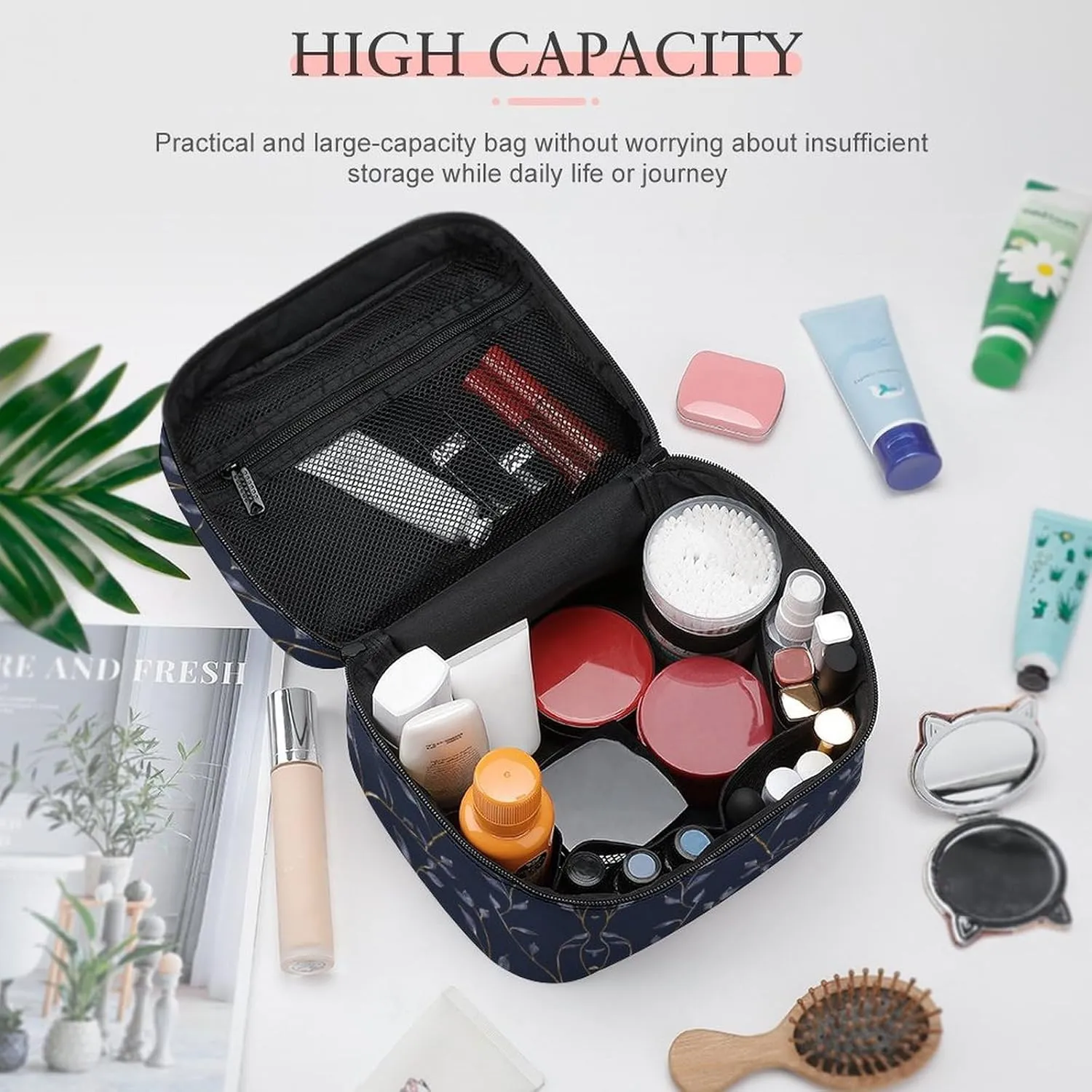 Cosmetic Bag Portable Dark Blue Leaves Toiletry Bag Large Capacity Travel Makeup Bag Beauty Makeup Organizer for Full-Sized Shampoo Conditioner Brushes Set Makeup Accessories