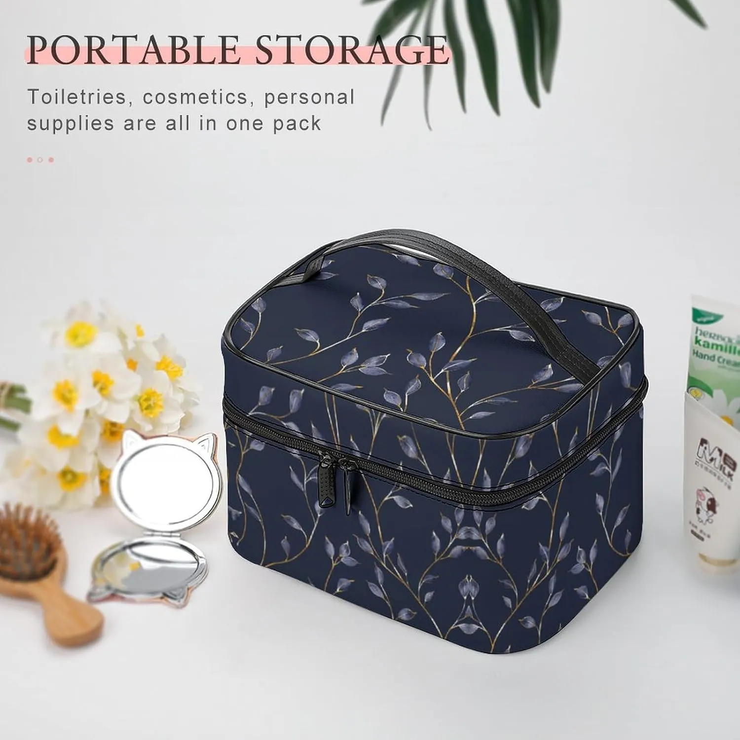 Cosmetic Bag Portable Dark Blue Leaves Toiletry Bag Large Capacity Travel Makeup Bag Beauty Makeup Organizer for Full-Sized Shampoo Conditioner Brushes Set Makeup Accessories