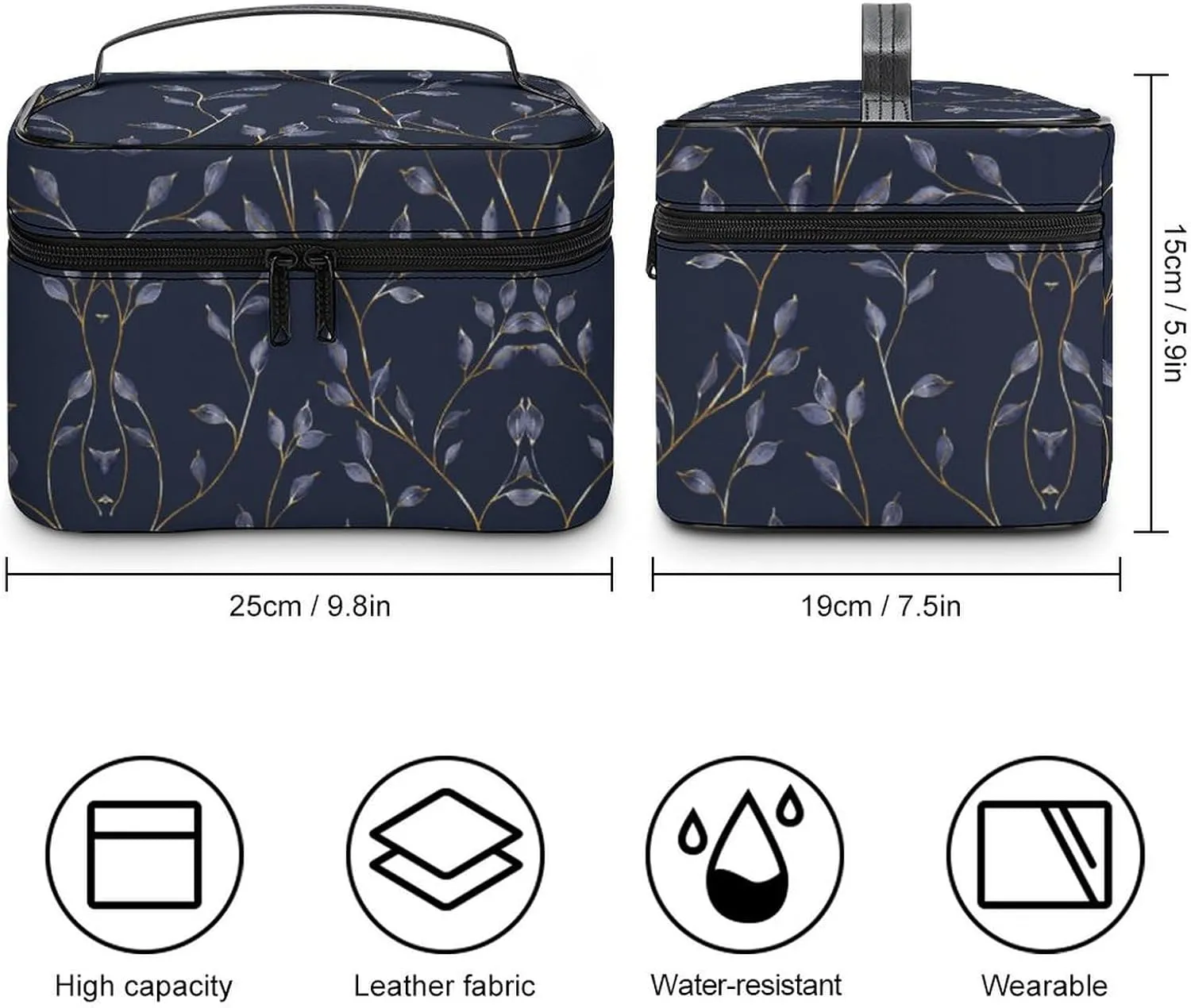 Cosmetic Bag Portable Dark Blue Leaves Toiletry Bag Large Capacity Travel Makeup Bag Beauty Makeup Organizer for Full-Sized Shampoo Conditioner Brushes Set Makeup Accessories