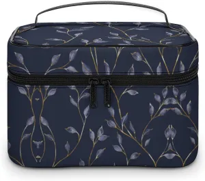 Cosmetic Bag Portable Dark Blue Leaves Toiletry Bag Large Capacity Travel Makeup Bag Beauty Makeup Organizer for Full-Sized Shampoo Conditioner Brushes Set Makeup Accessories