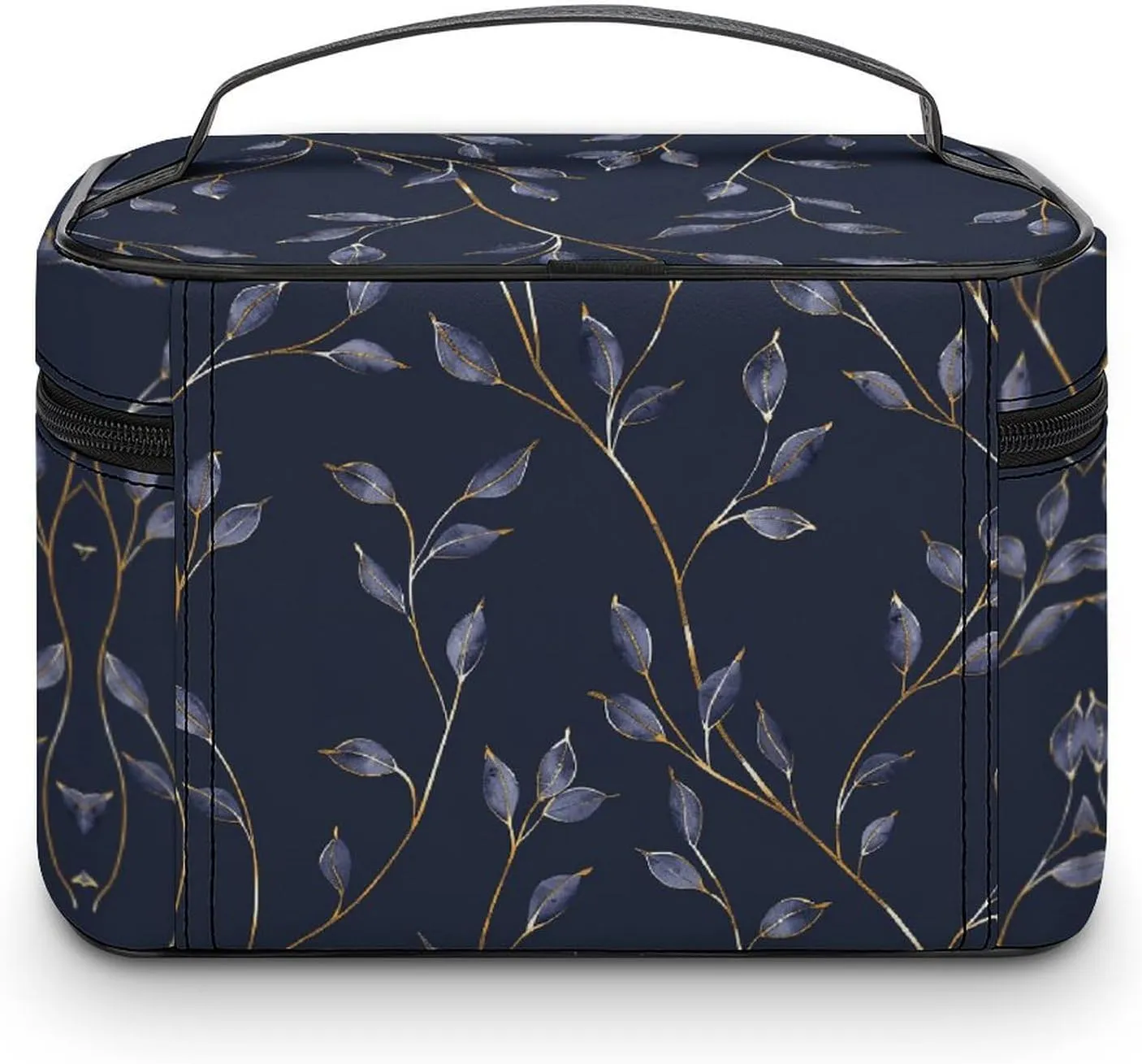 Cosmetic Bag Portable Dark Blue Leaves Toiletry Bag Large Capacity Travel Makeup Bag Beauty Makeup Organizer for Full-Sized Shampoo Conditioner Brushes Set Makeup Accessories