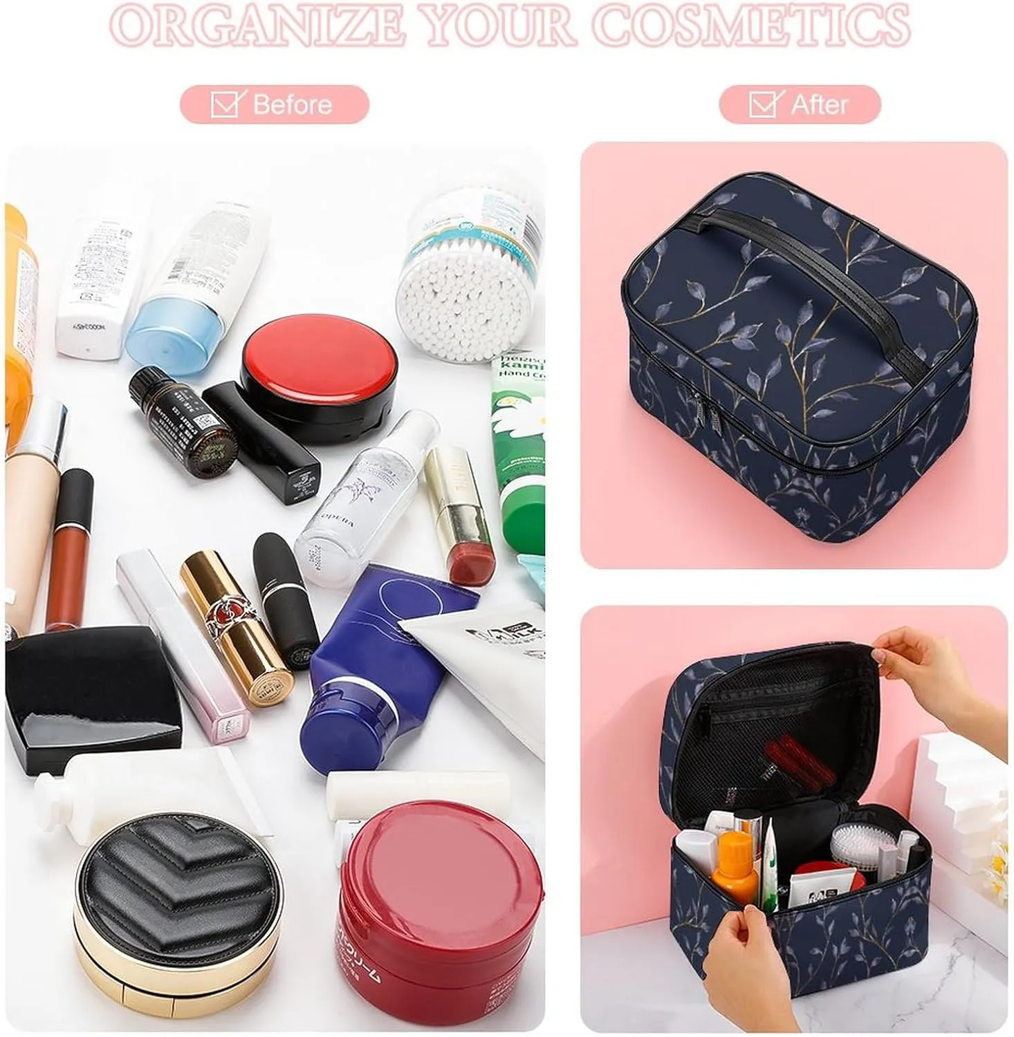 Cosmetic Bag Portable Dark Blue Leaves Toiletry Bag Large Capacity Travel Makeup Bag Beauty Makeup Organizer for Full-Sized Shampoo Conditioner Brushes Set Makeup Accessories