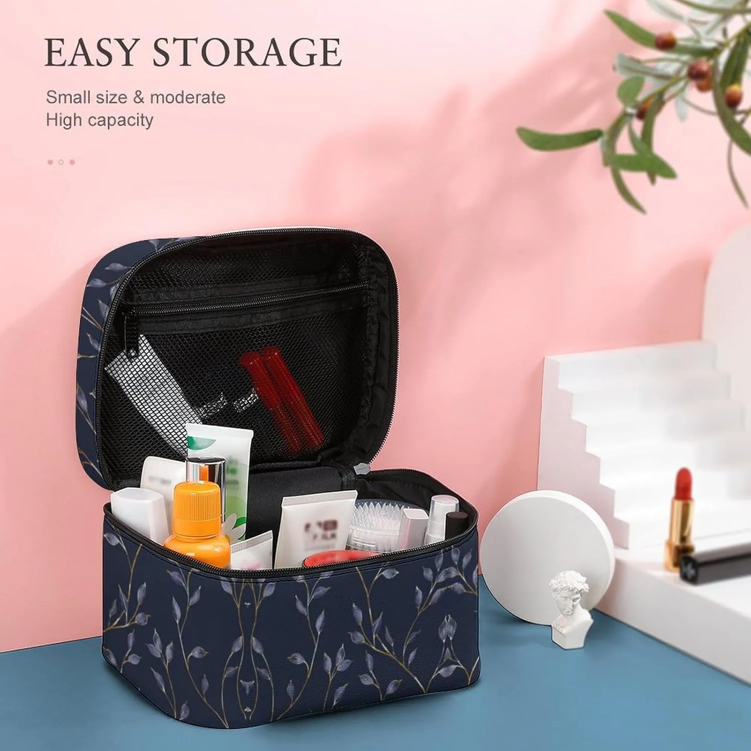 Cosmetic Bag Portable Dark Blue Leaves Toiletry Bag Large Capacity Travel Makeup Bag Beauty Makeup Organizer for Full-Sized Shampoo Conditioner Brushes Set Makeup Accessories