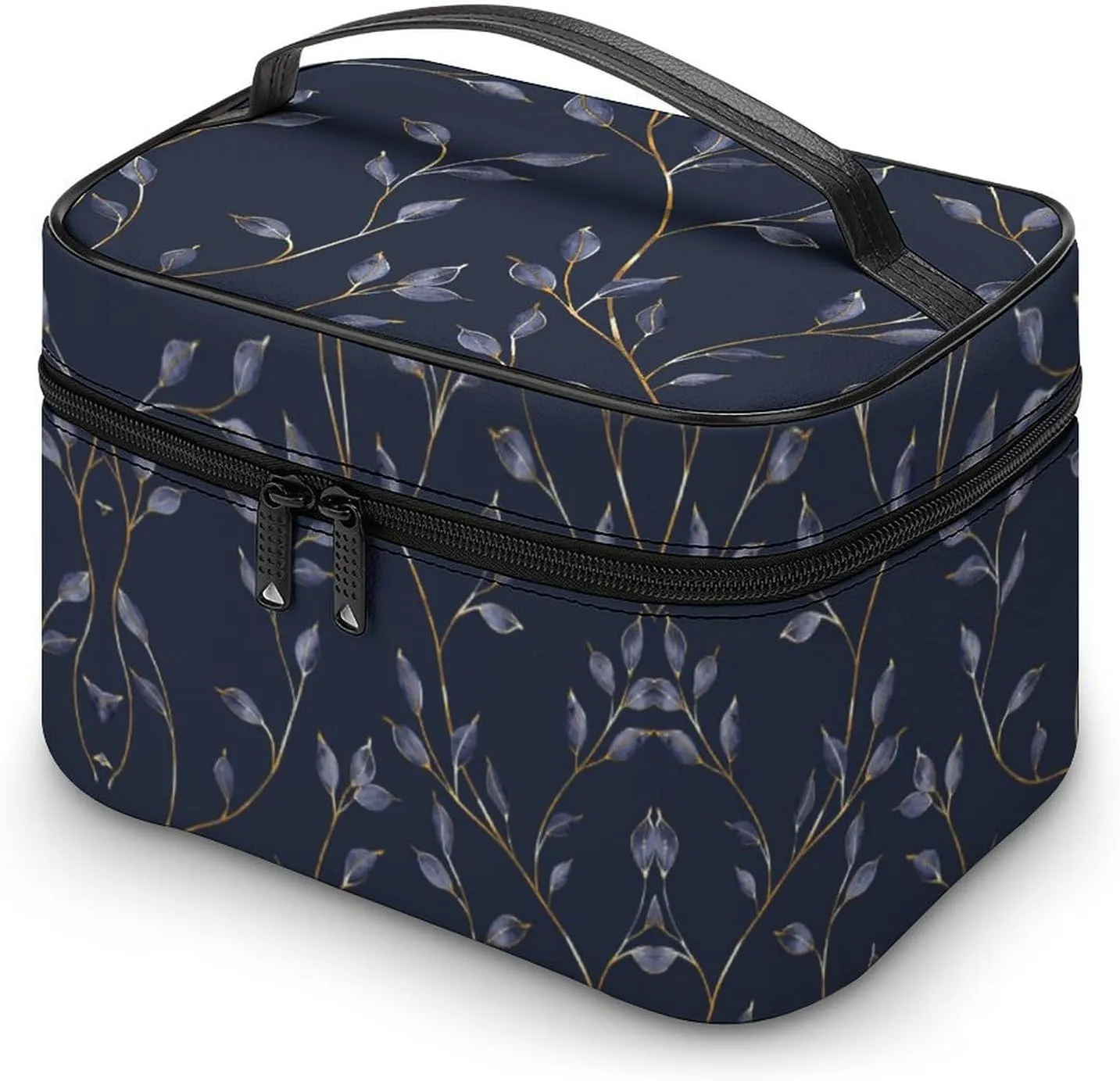 Cosmetic Bag Portable Dark Blue Leaves Toiletry Bag Large Capacity Travel Makeup Bag Beauty Makeup Organizer for Full-Sized Shampoo Conditioner Brushes Set Makeup Accessories