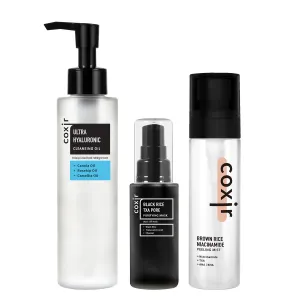 coxir ULTRA HYALURONIC CLEANSING OIL 5.07 fl.oz   BLACK RICE TXA PORE MASK 1.69 fl.oz   BROWN RICE NIACINAMIDE PEELING MIST 2.70 fl.oz l Hyaluronic Acid, Moisturizing, Korean Skincare