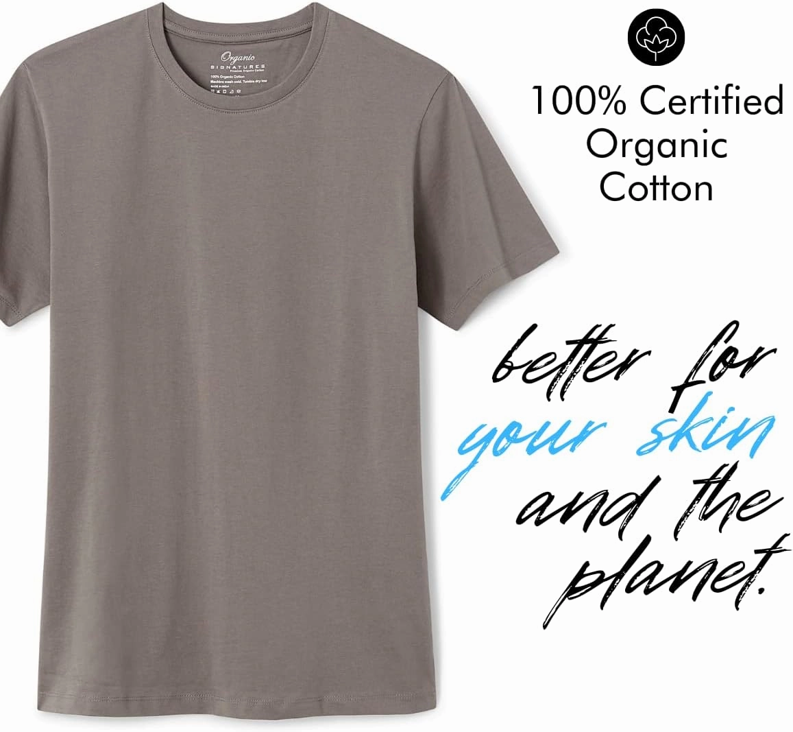 Crewneck 100% Certified Organic Cotton, Soft Shirts for Men