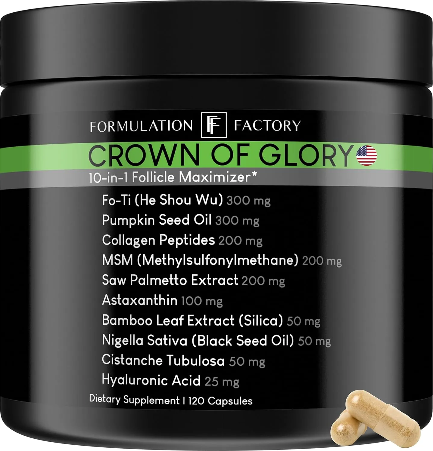 Crown of Glory 10 in 1 Hair Growth Maximizer, DHT Blocker Supplement, Saw Palmetto, Fo-Ti, Collagen, Pumpkin Seed Oil & More, Supports Thicker, Stronger Hair & Scalp Health (120 Capsules - 2 Months)