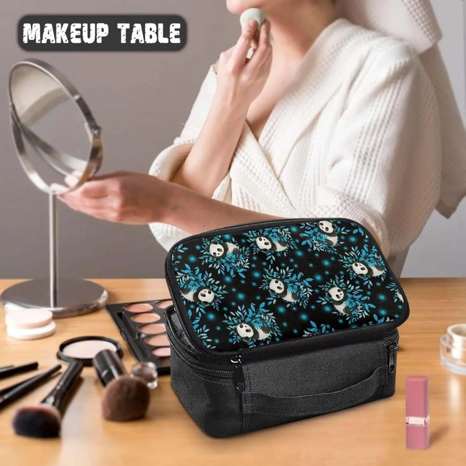 Cute Panda Makeup Bag with Brush Compartment Makeup Bag Small Cosmetic Bag for Purse Lightweight Cosmetic Train Case Zipper Pouch for Skin Care Products,Cosmetic Accessories