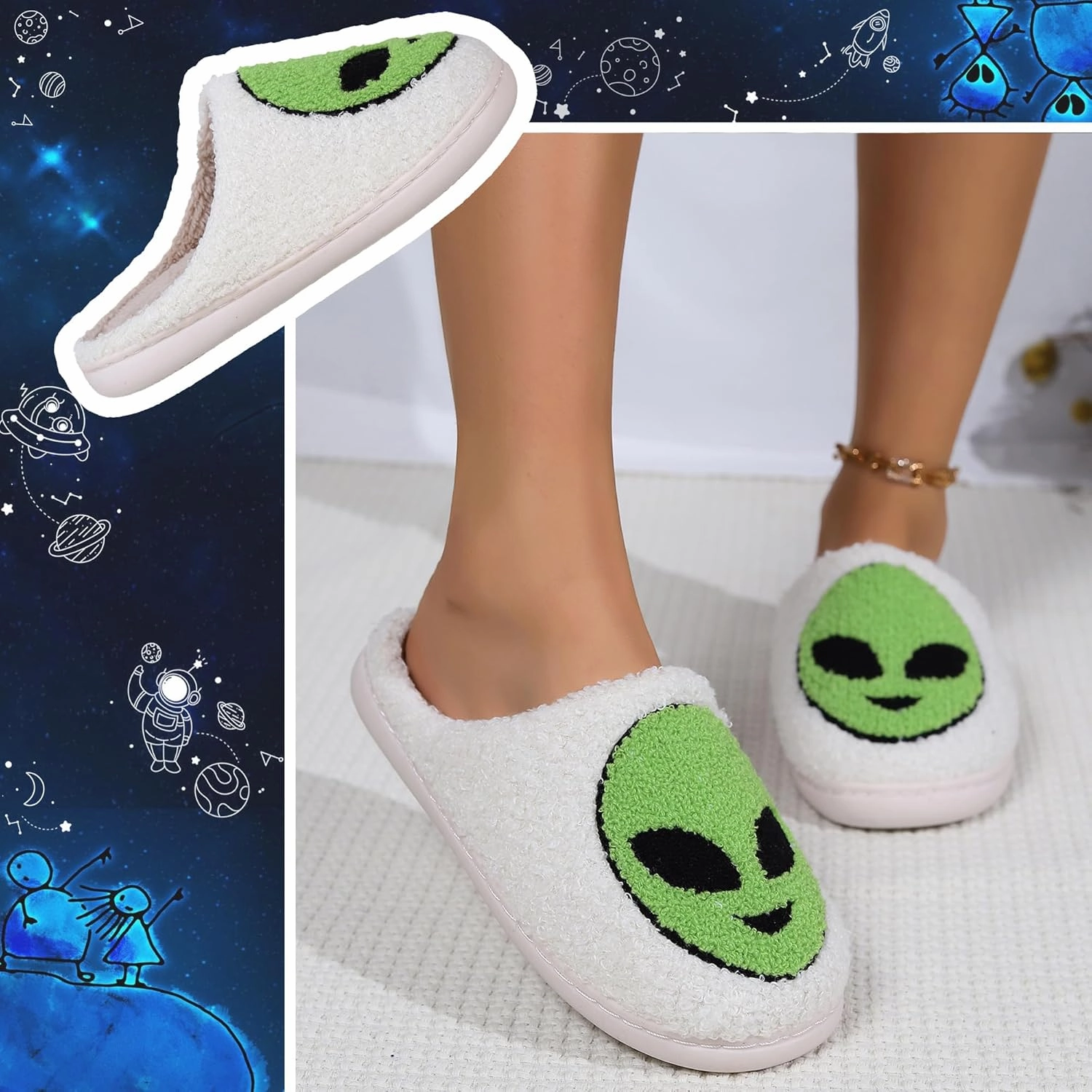 Cute Alien Cotton Slippers for Couples Indoor Plush Home Bedroom Shoes Green Cartoon Pattern Cozy Floor Slippers for Men & Women Suitable for All Seasons