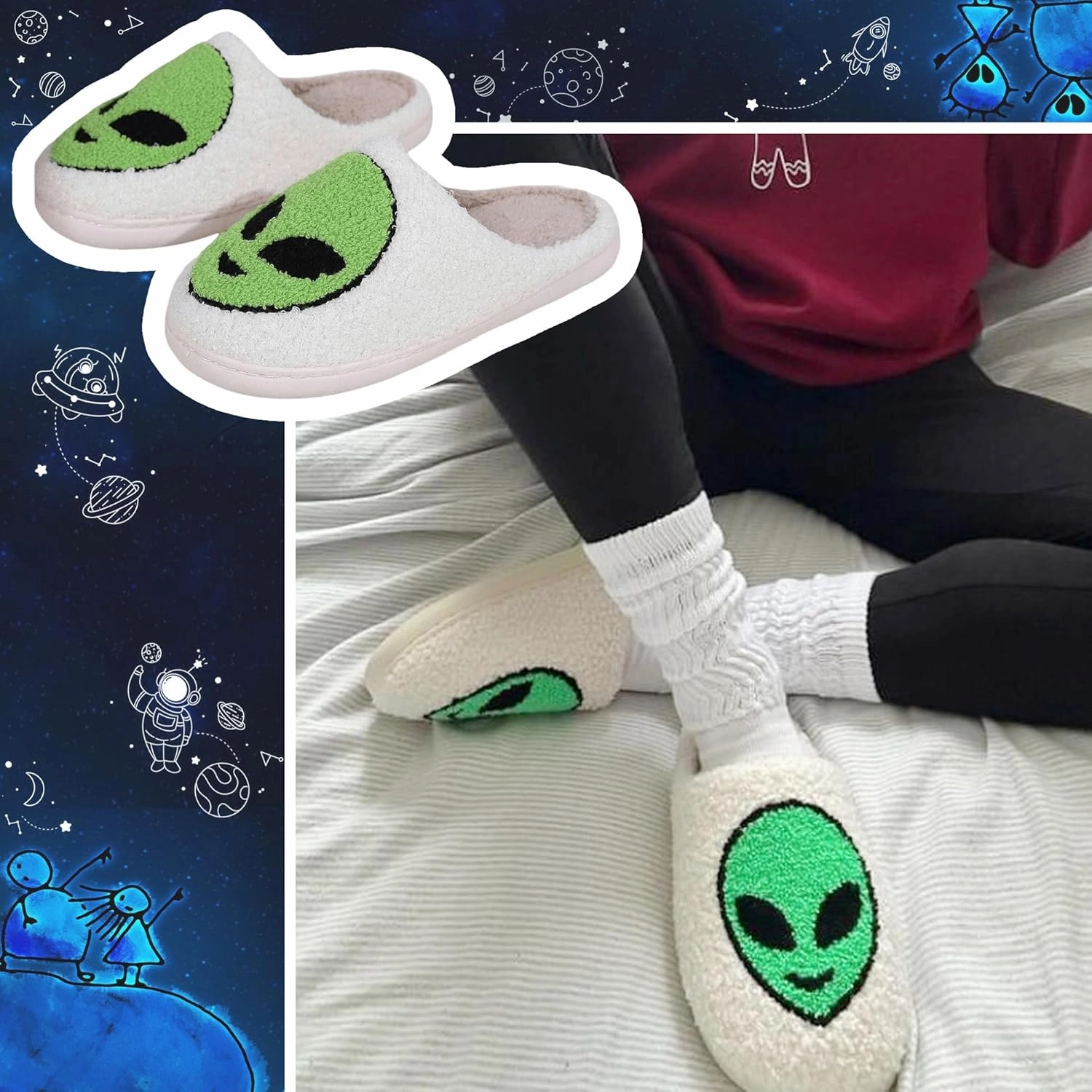 Cute Alien Cotton Slippers for Couples Indoor Plush Home Bedroom Shoes Green Cartoon Pattern Cozy Floor Slippers for Men & Women Suitable for All Seasons