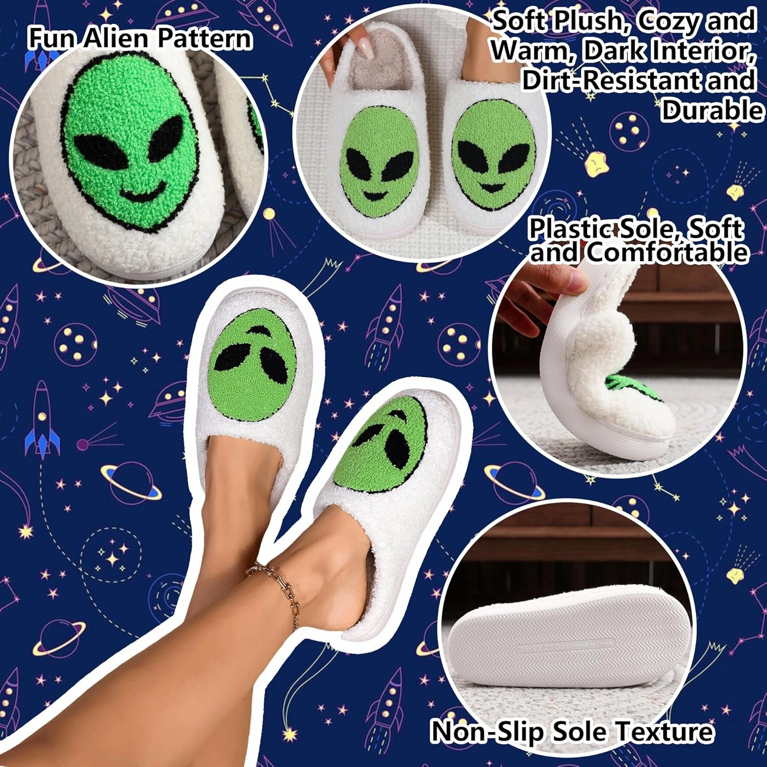 Cute Alien Cotton Slippers for Couples Indoor Plush Home Bedroom Shoes Green Cartoon Pattern Cozy Floor Slippers for Men & Women Suitable for All Seasons