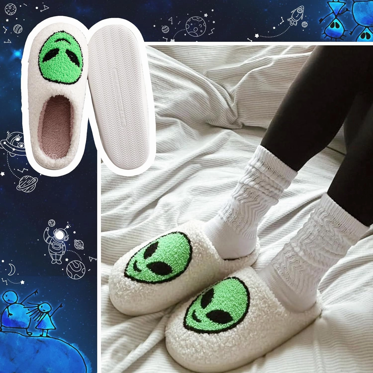 Cute Alien Cotton Slippers for Couples Indoor Plush Home Bedroom Shoes Green Cartoon Pattern Cozy Floor Slippers for Men & Women Suitable for All Seasons