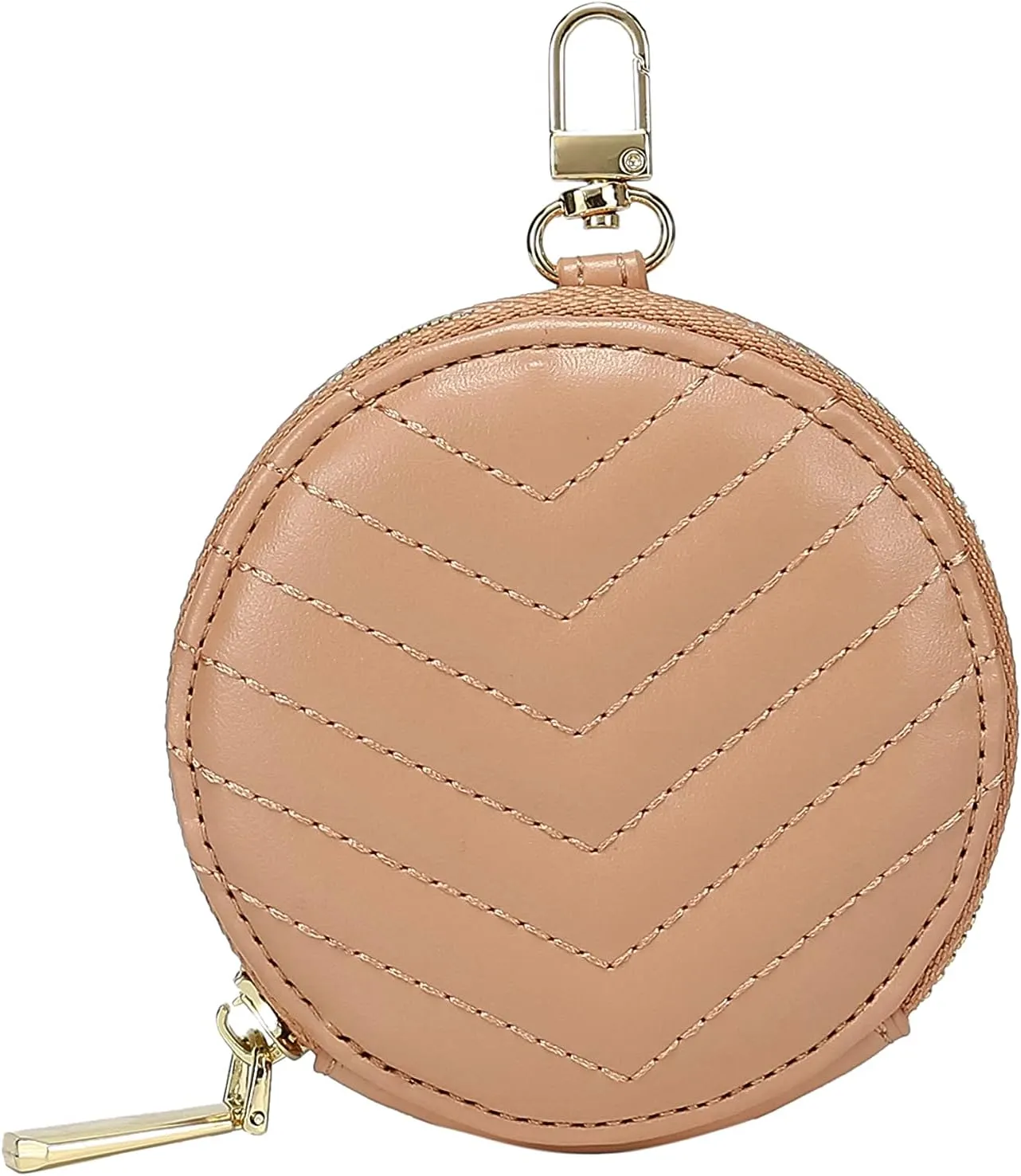 Daisy Rose Round Quilted Chevron Coin Purse Pouch Change Wallet Holder with clasp - PU Vegan Leather - Blush