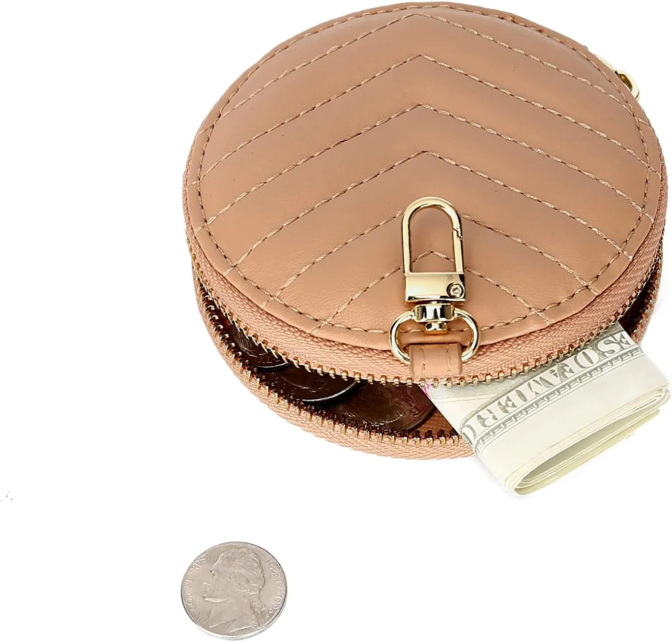 Daisy Rose Round Quilted Chevron Coin Purse Pouch Change Wallet Holder with clasp - PU Vegan Leather - Blush