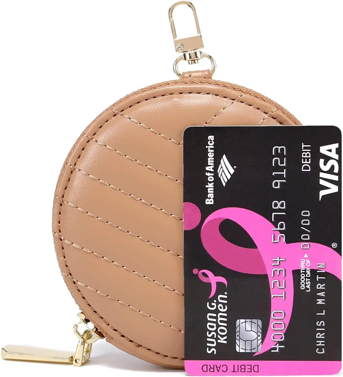 Daisy Rose Round Quilted Chevron Coin Purse Pouch Change Wallet Holder with clasp - PU Vegan Leather - Blush
