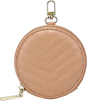 Daisy Rose Round Quilted Chevron Coin Purse Pouch Change Wallet Holder with clasp - PU Vegan Leather - Blush