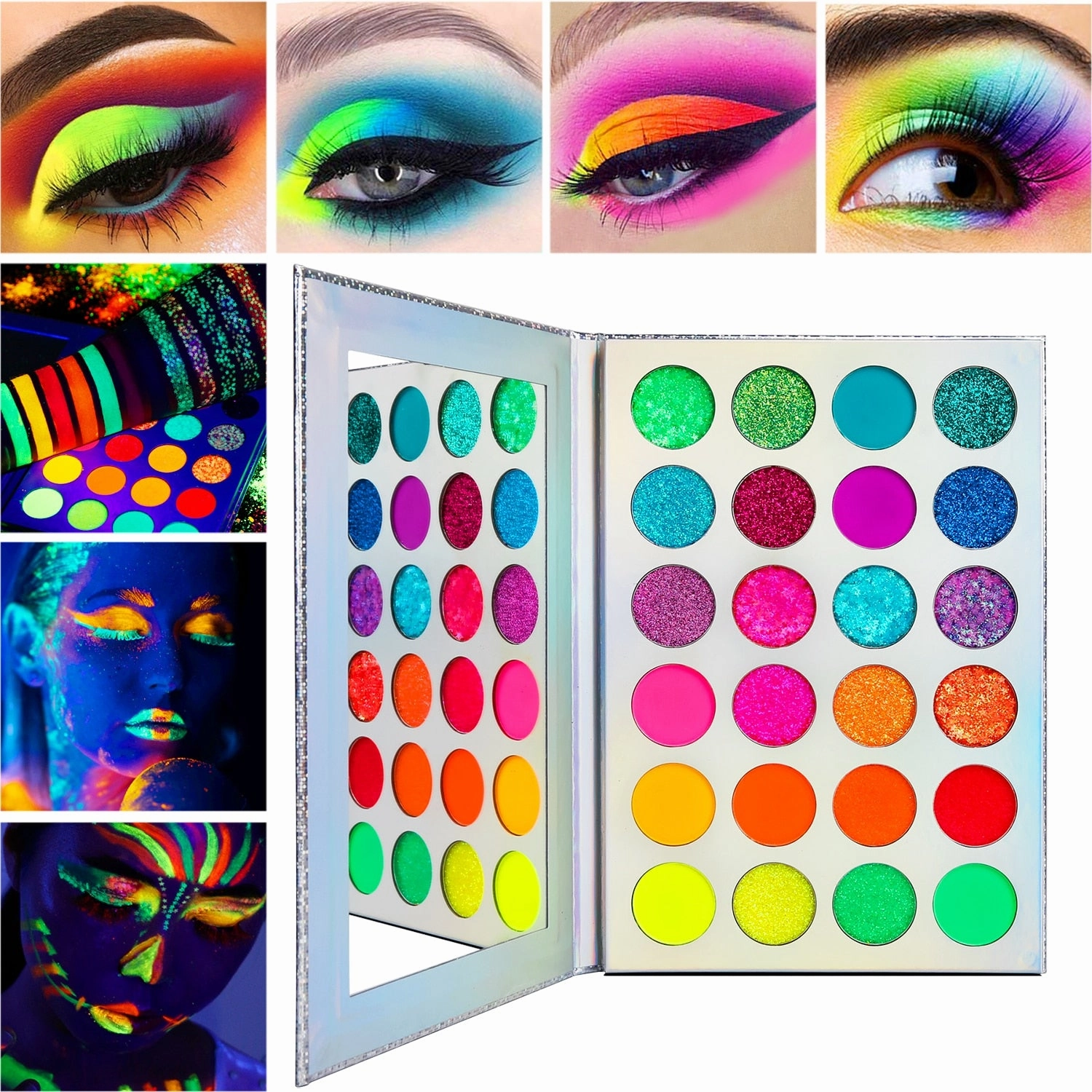 DE'LANCI Aurora Glow Eyeshadow Pallet Stage Clubbing Neon Makeup Kit in Blacklight UV Glow in Dark Fluorescent Eye Shadows Red