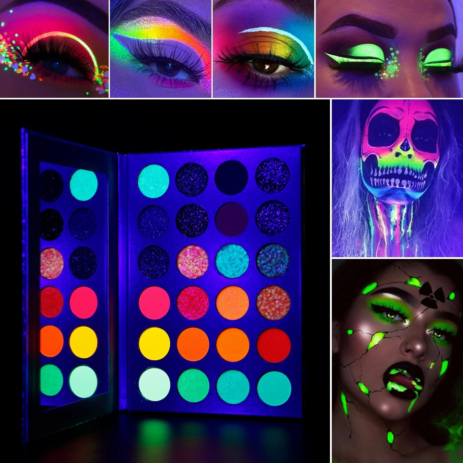 DE'LANCI Aurora Glow Eyeshadow Pallet Stage Clubbing Neon Makeup Kit in Blacklight UV Glow in Dark Fluorescent Eye Shadows Red