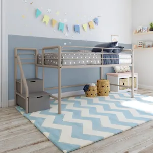 DHP Junior Twin Metal Loft Bed with Storage Steps, Multifunctional Space-Saving Solution - Silver with Gray Steps