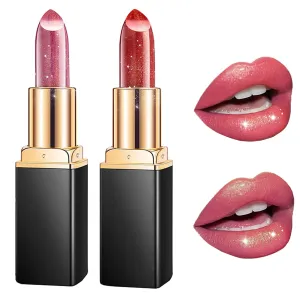 Diamond Glitter Lipstick, 2pcs Diamond Lip Gloss Glitter Lipstick Waterproof, Long-Lasting with Sparkling Finish for Party & Daily Wear (#05 #04, one size)