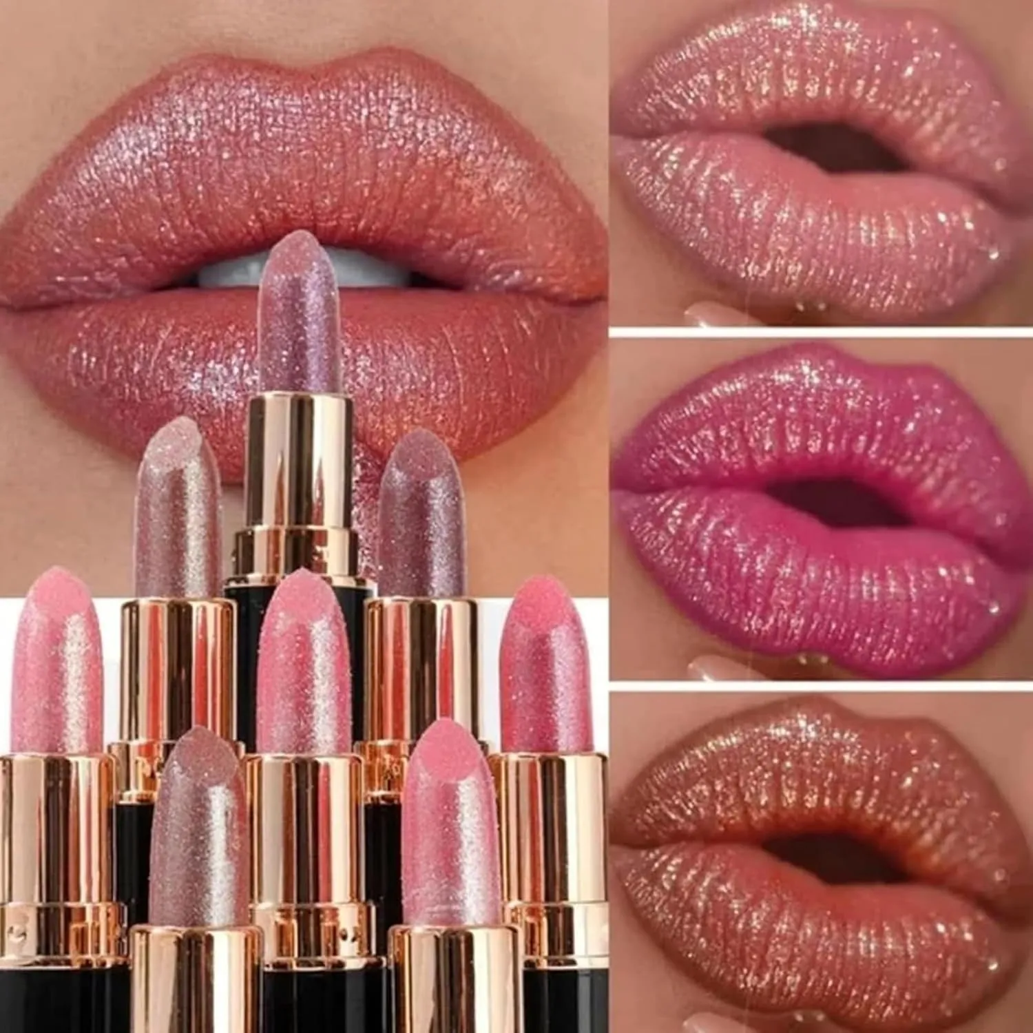 Diamond Glitter Lipstick, Diamond Lip Gloss Glitter Lipstick Waterproof Long Lasting Non-Stick Glitter Shimmer Liptint, Metallic lipsticks for Women (1 Set, 3.5G)